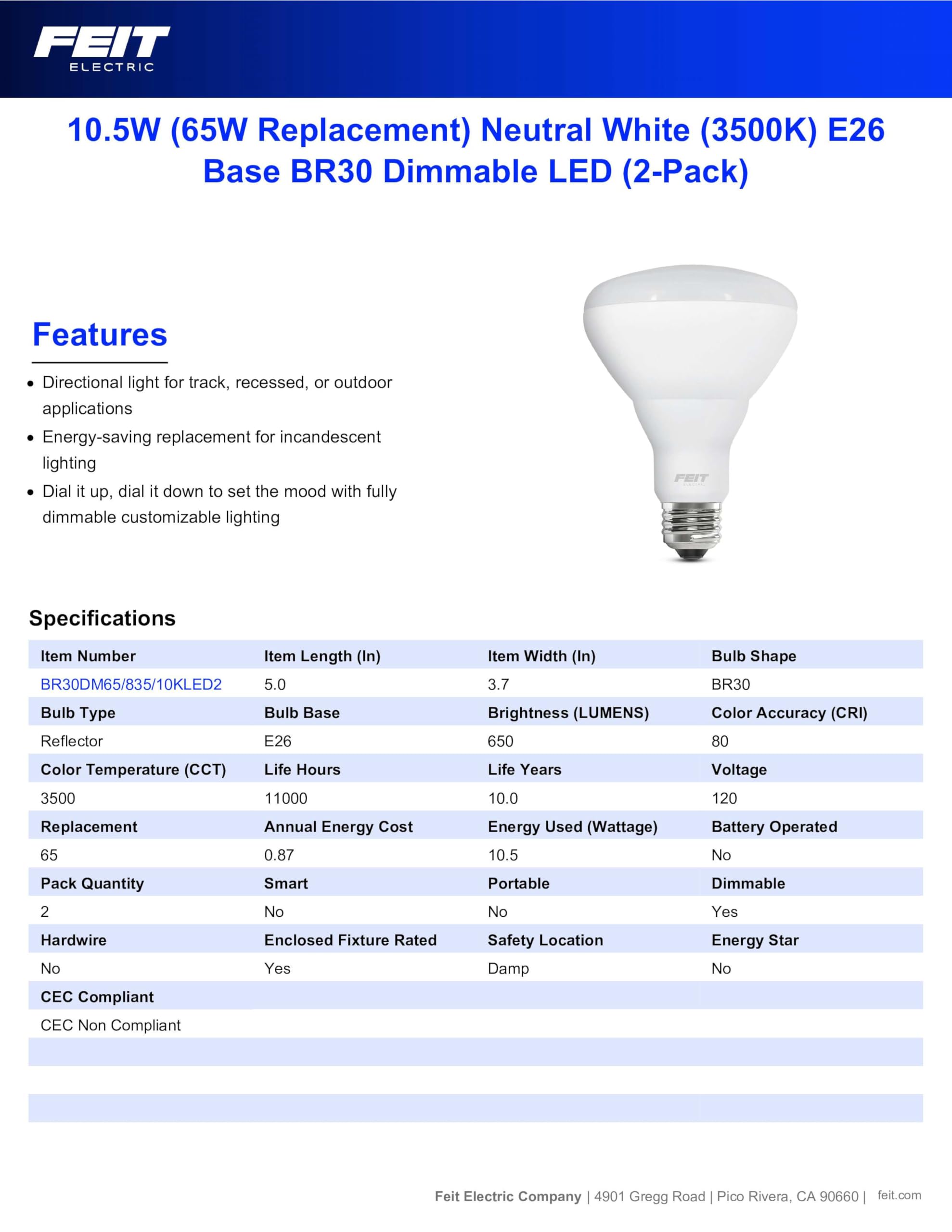 Feit Electric Br30 Led Flood Light Bulb, 65W Equivalent, Dimmable, 650 Lumens, 3500K Neutral White, E26 Base, 11,000-Hour Lifesp