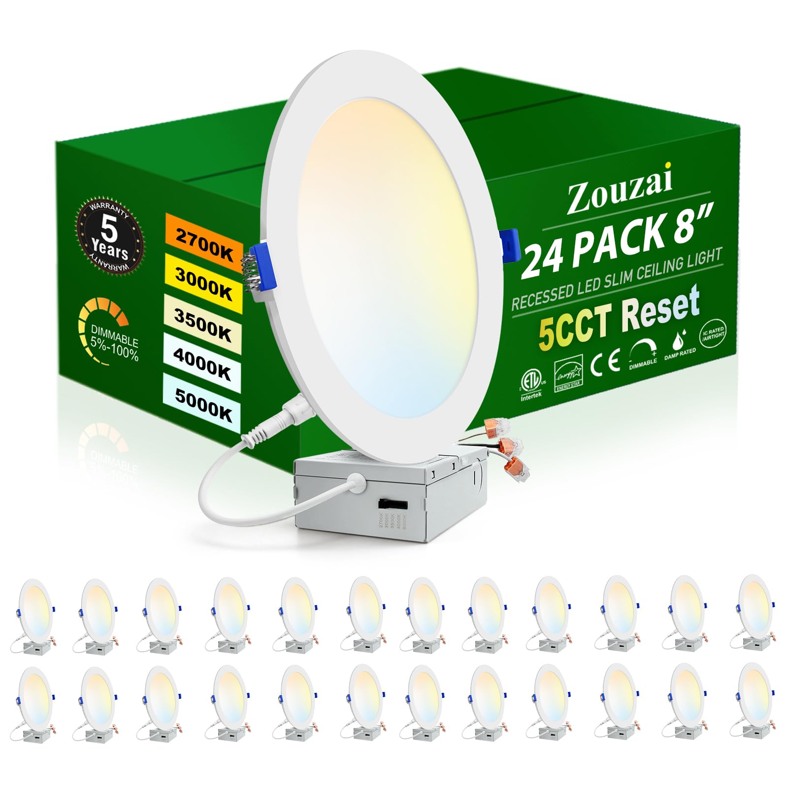 Zouzai 24 Pack 8 Inch 18W Eqv 150W 1620Lm 5Cct Reset Ultra-Thin Led Recessed Ceiling Light With Junction Box, 2700K-5000K Select