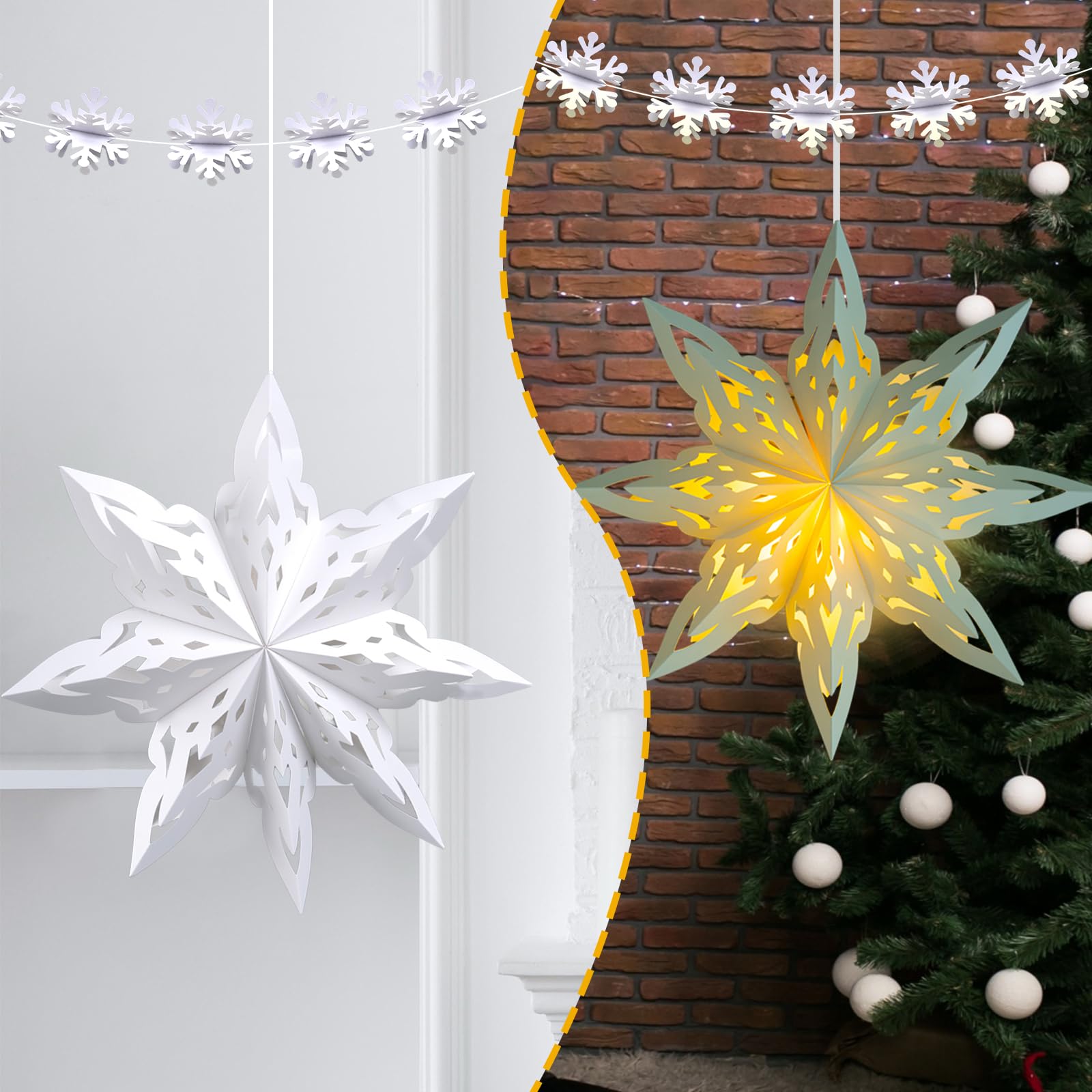 OuMuaMua Christmas Paper Lanterns - 2 Pcs White Star Lanterns with LED Lights for Holiday Decor, Model GSD002