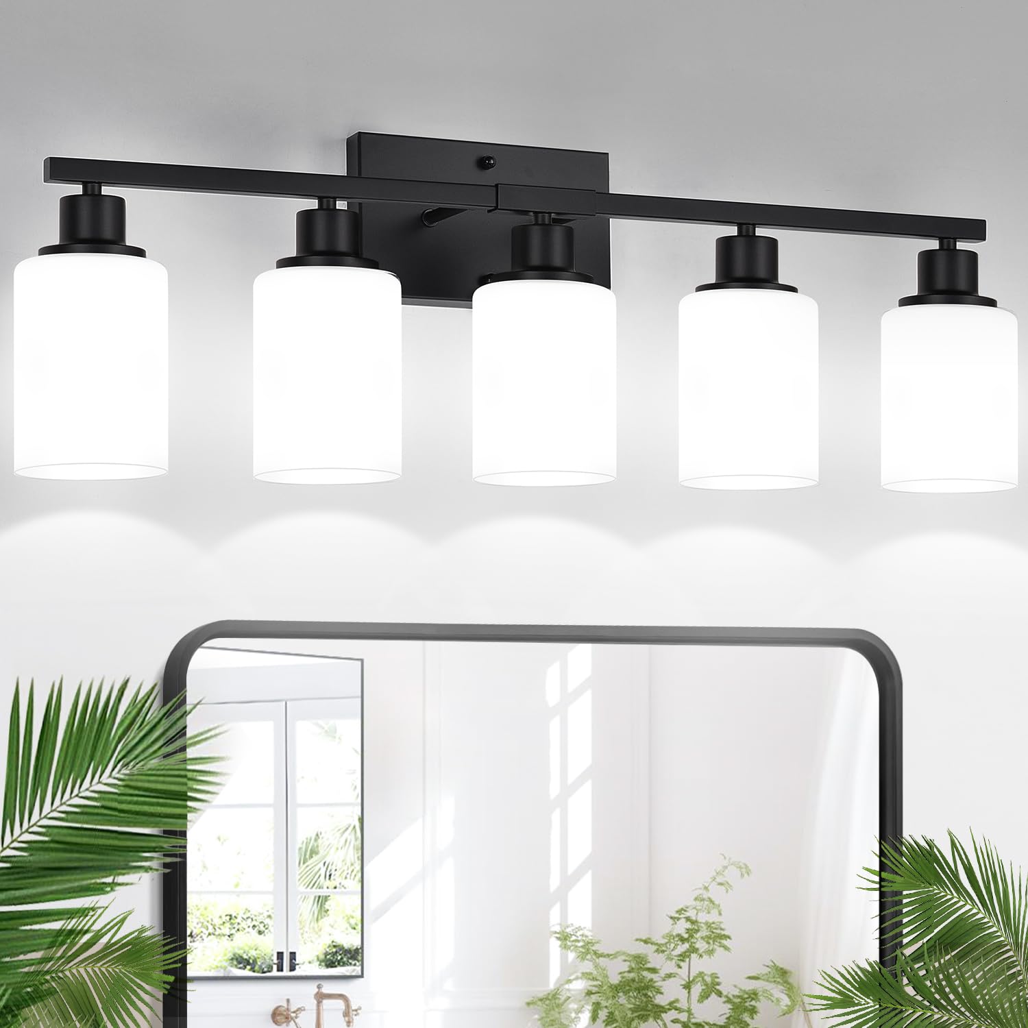 Indoi 5-Light Bathroom Vanity Light Fixture, Matte Black & Milky White Glass, Model LTW070, Up/Down Lighting for Mirror, Hallway