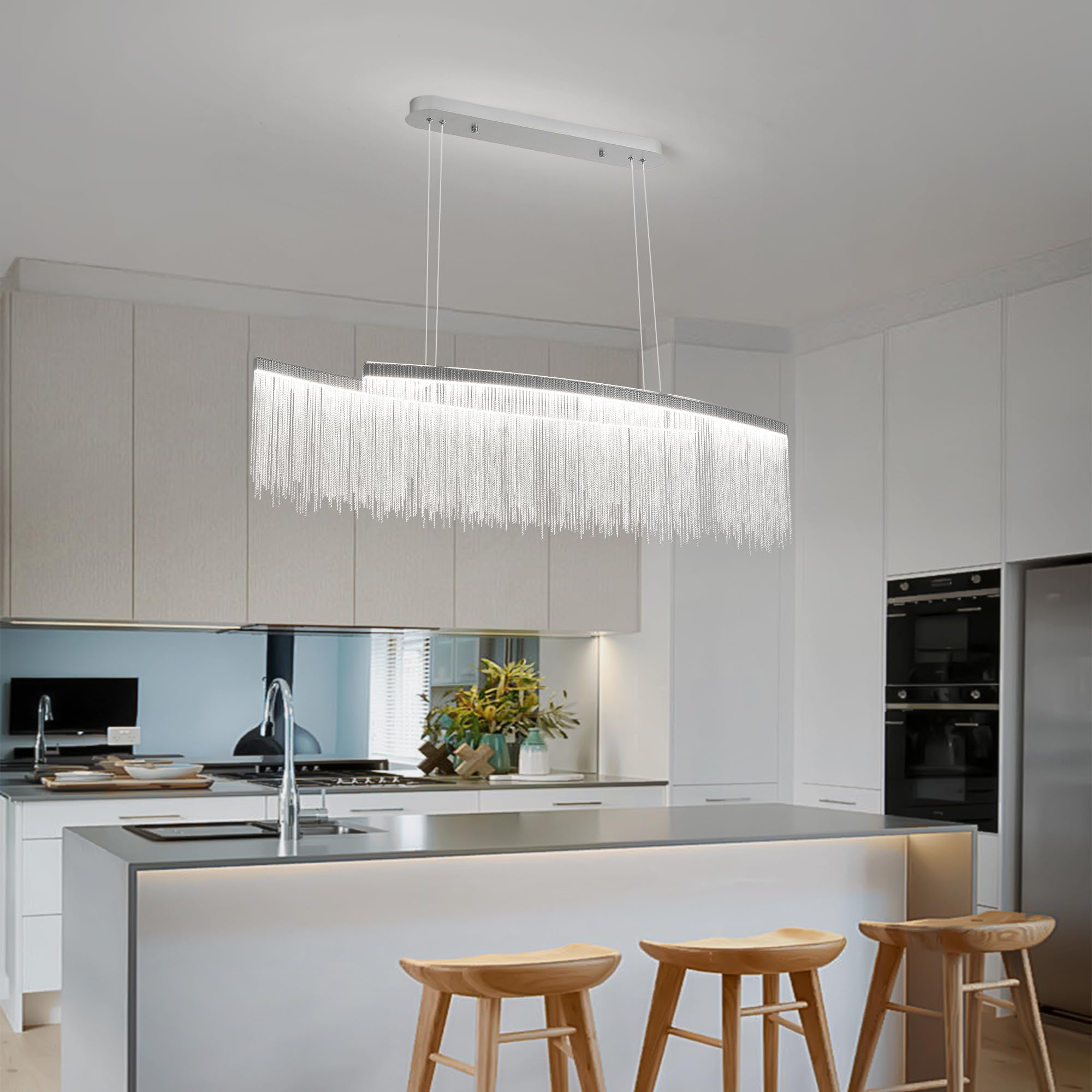 Puvaue Aluminum Tassel Linear Chandelier, LED Dining Room Light Fixture, L47 Inch, Silver, Remote Control