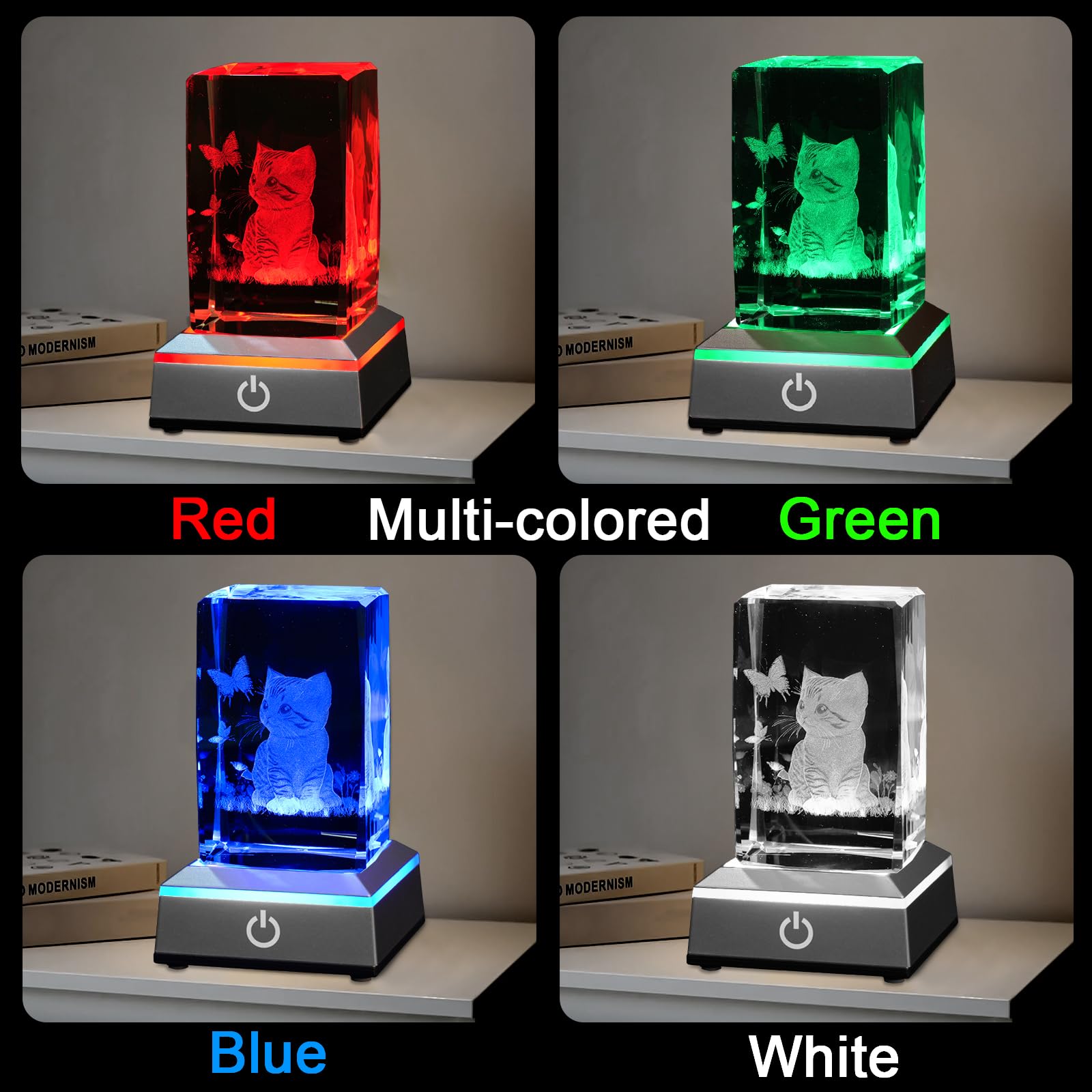 Eicxjui 3D Crystal Night Light With Multicolor Led Base Glass Laser Engraved Cat Figurine Gift For Women Cat Lovers Birthday Chr