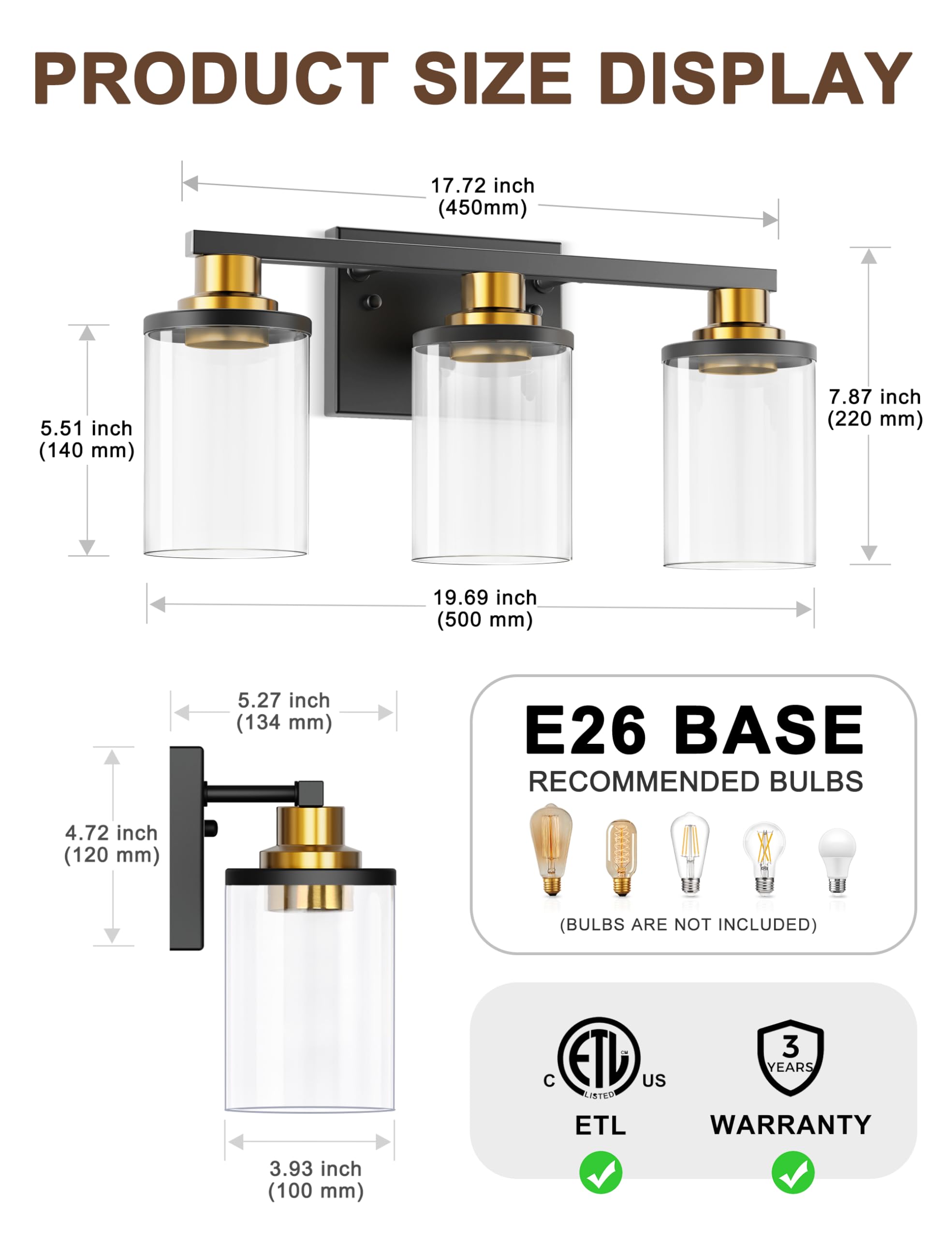 DORESshop Bathroom Light Fixtures, 3-Light Vanity Lights, Black and Gold, Glass Shade, ETL Listed