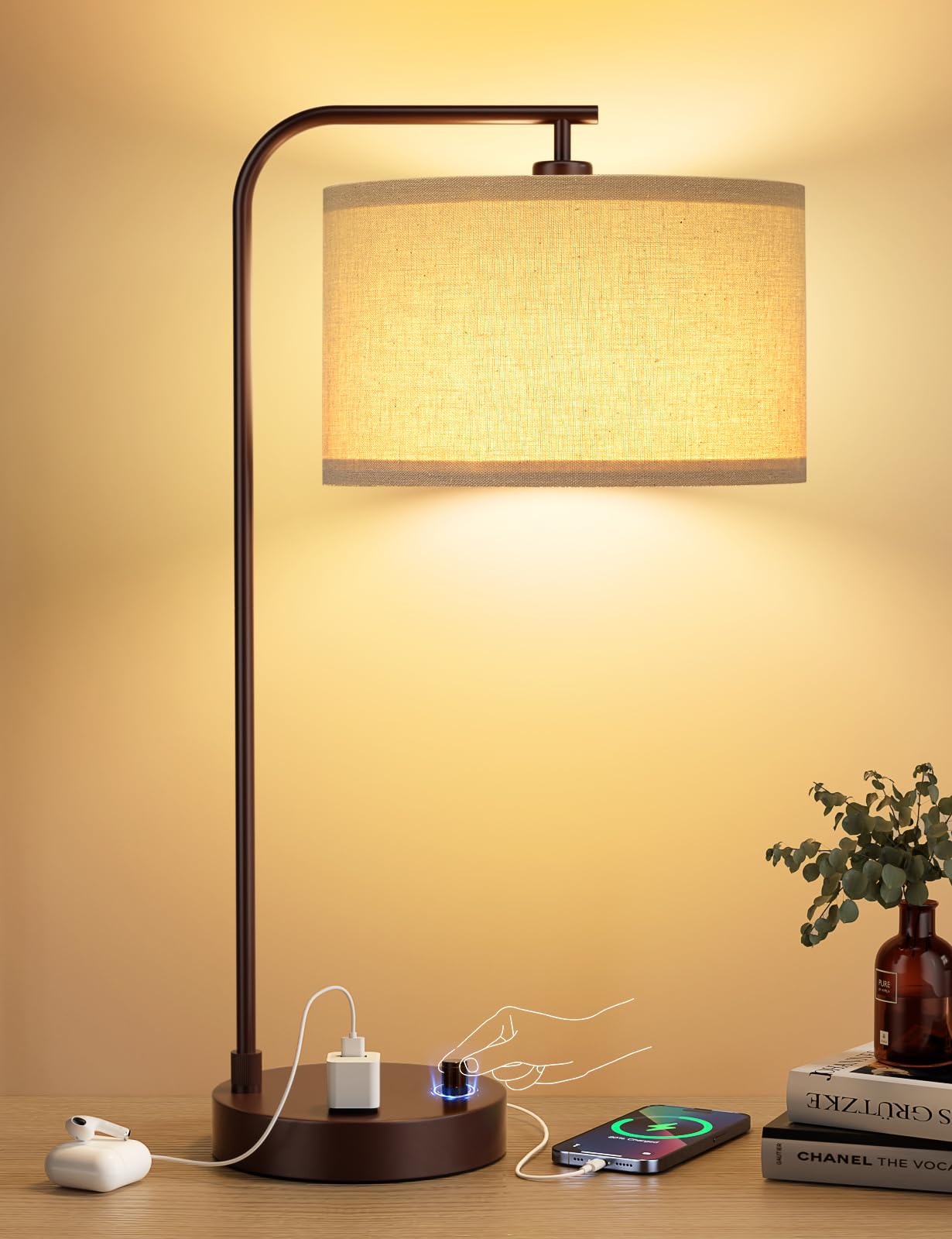 Brown Side Table Lamp With Usb Port And Outlet, Dimmable Nightstand Bedside Lamps With Linen Lampshade, Desk Lamp For Bedroom, L