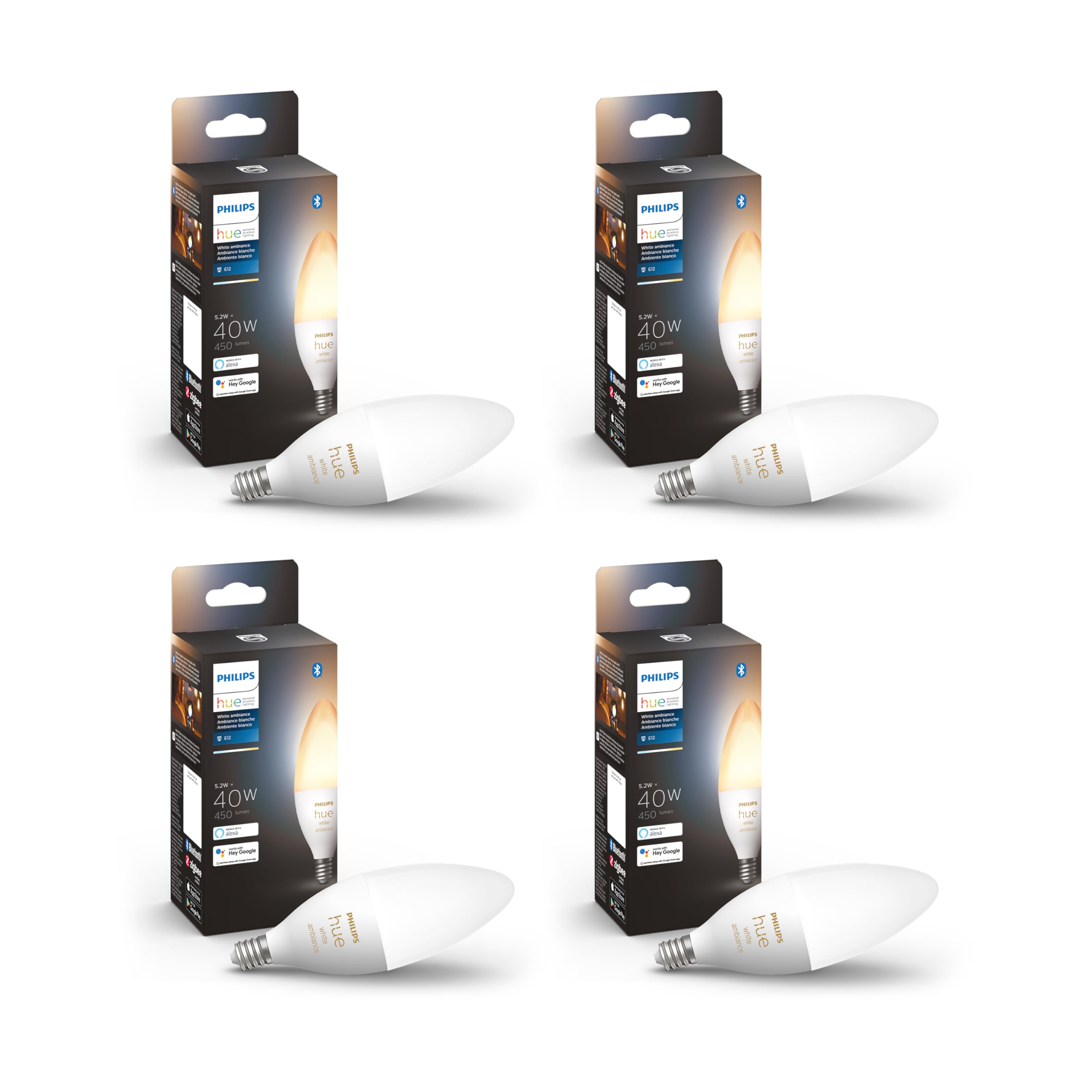 Philips Hue Smart 40W B39 Candle-Shaped LED Bulb - White Ambiance Warm-to-Cool White Light - 4 Pack - 450LM - E12 - Indoor - Con