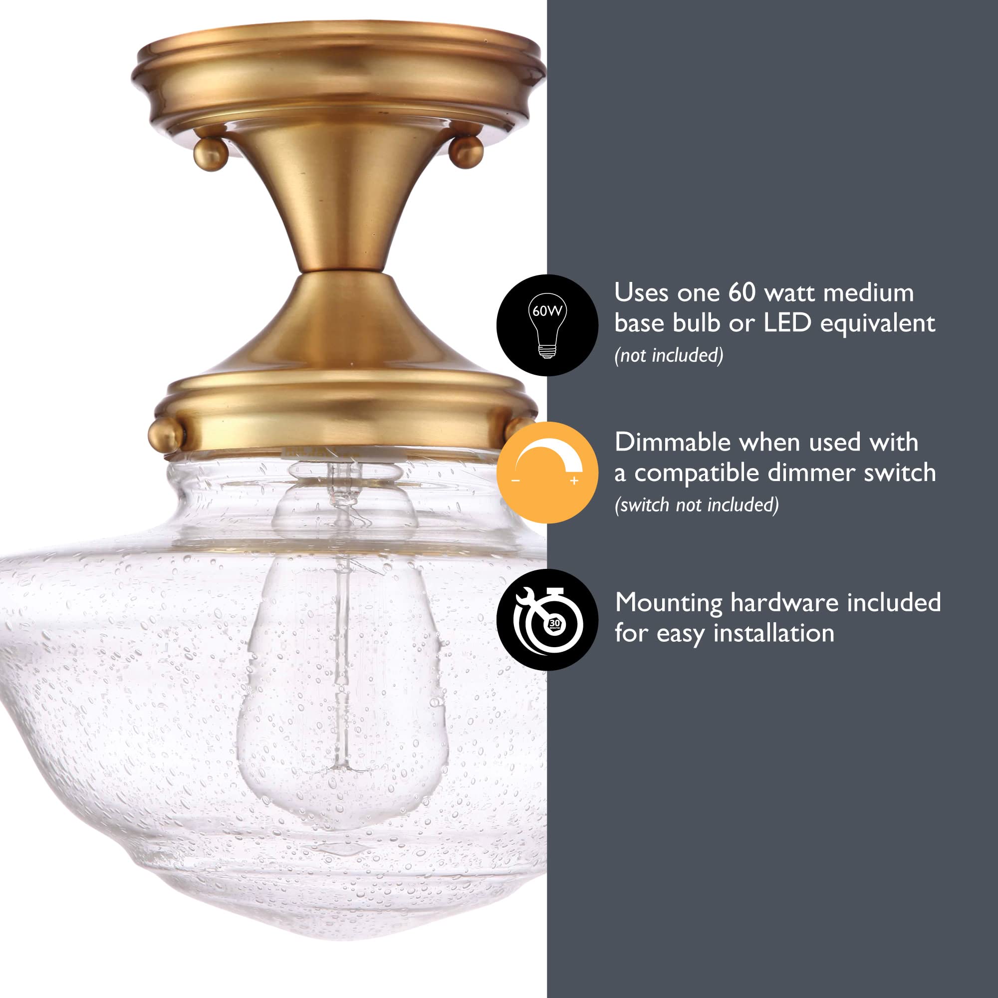 Design House Vintage-Inspired Schoolhouse Semi-Flush Mount Ceiling Light, 9 In X 9 In X 10 In, Satin Gold, Clear Seeded Glass Sh