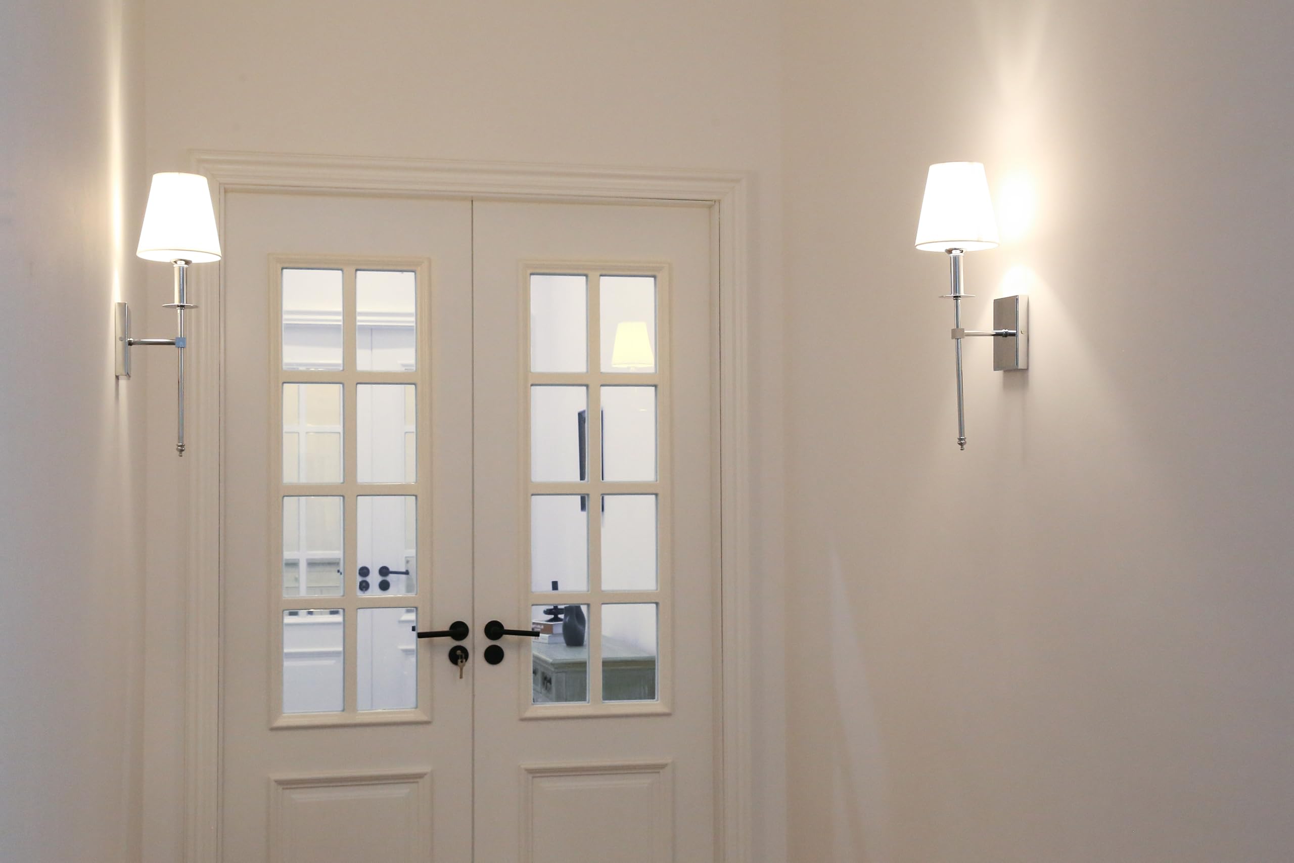 Permo Set Of 2 Classic Rustic Industrial Wall Sconce Lighting Fixture With Flared White Textile Lamp Shade And Chrome Tapered Co