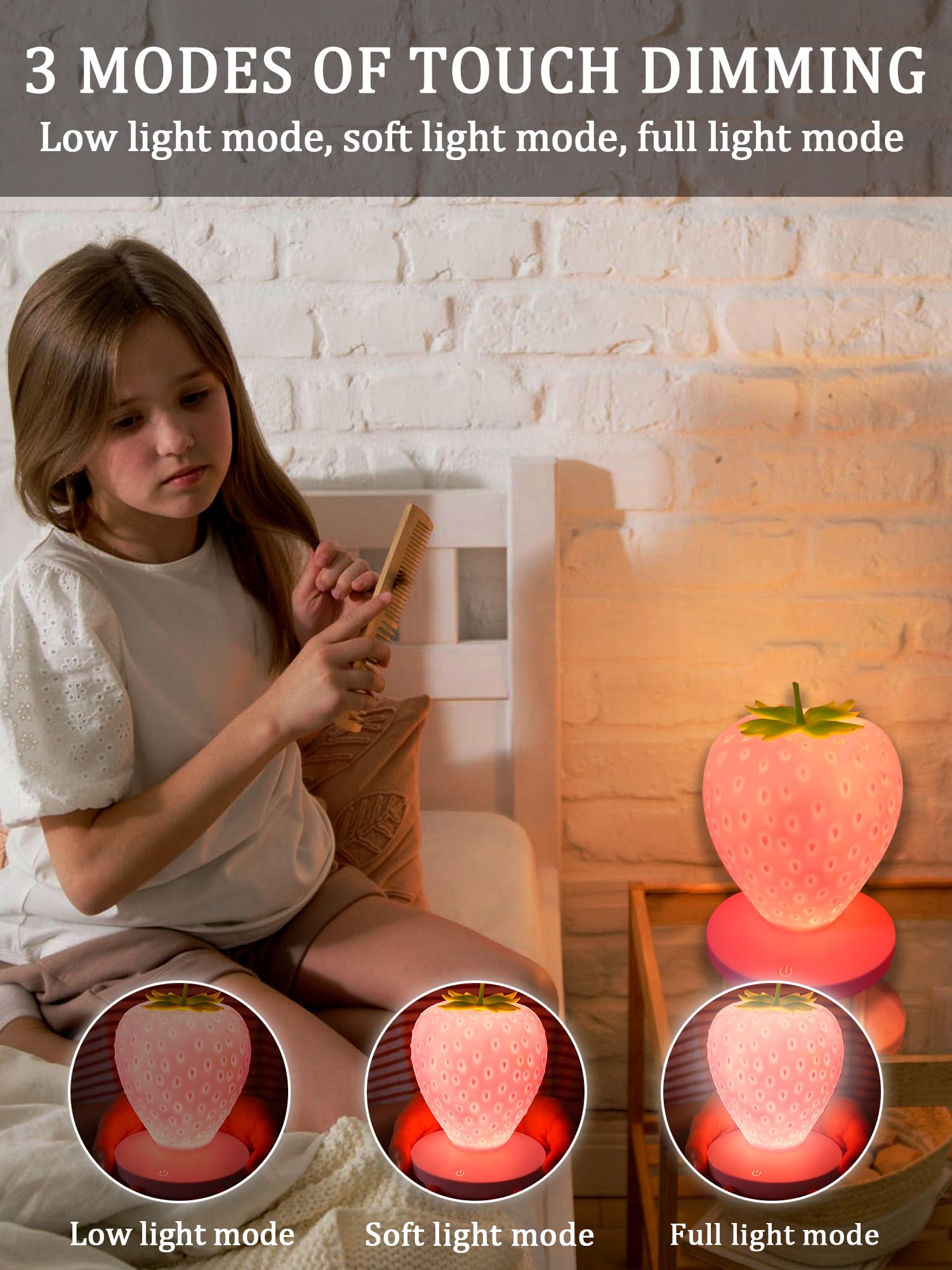 Wlhong Strawberry Night Light,Cute Silicone Strawberry Lights Kawaii Room Decor,Usb Rechargeable Bedside Lamp 3 Gear Touch Lighting,Cute Strawberry Gifts For Baby,Children, Toddlers,Teen Girls