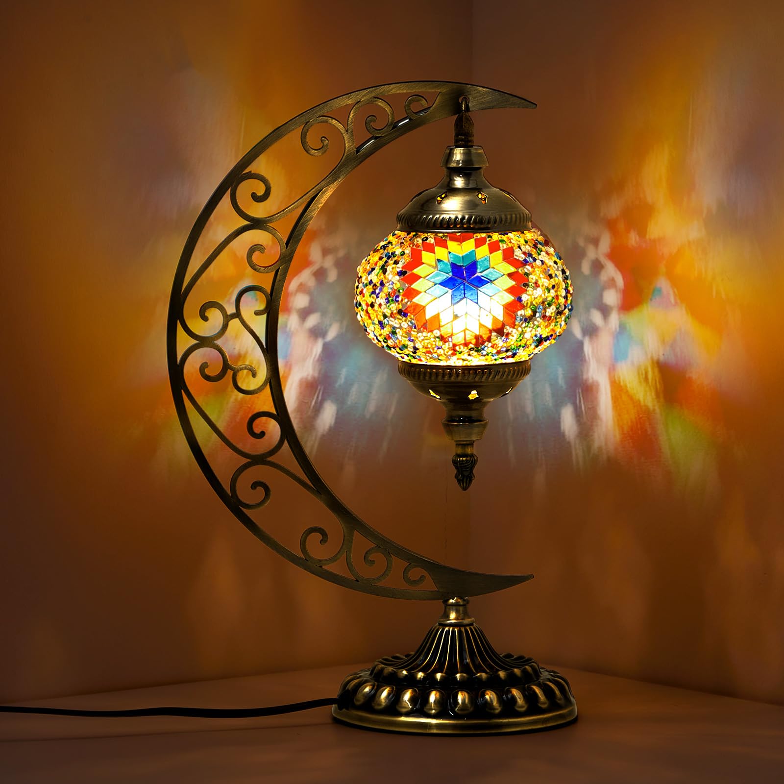 Hortsun Turkish Lamp Moon Shaped Moroccan Lamp Turkish Mosaic Stained Glass Table Light With Bronze Base Colorful Moroccan Globe