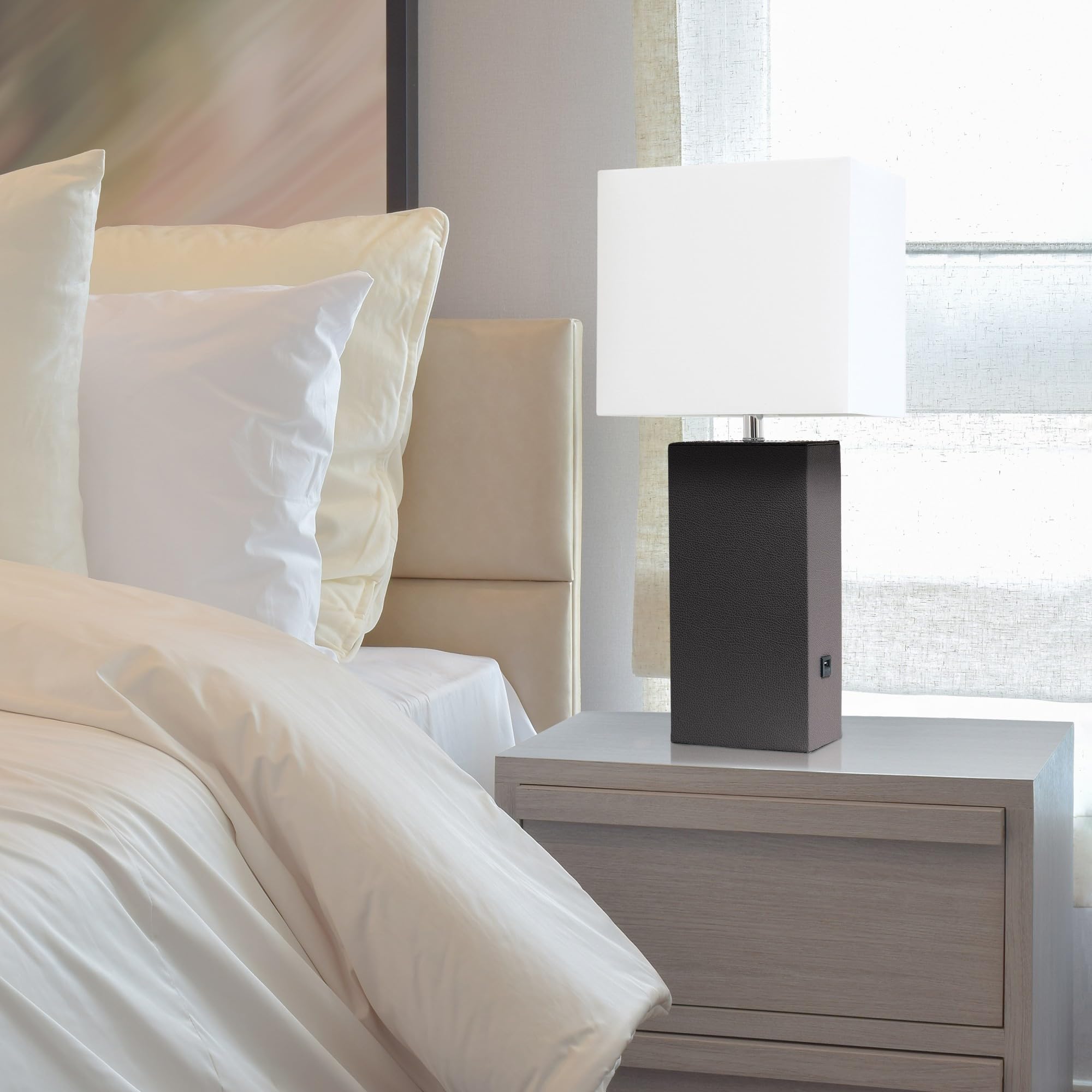 Elegant Designs Lt1053-Bwn Modern Leather Usb And White Fabric Shade Table Lamp, Brown - (Pack Of 1)