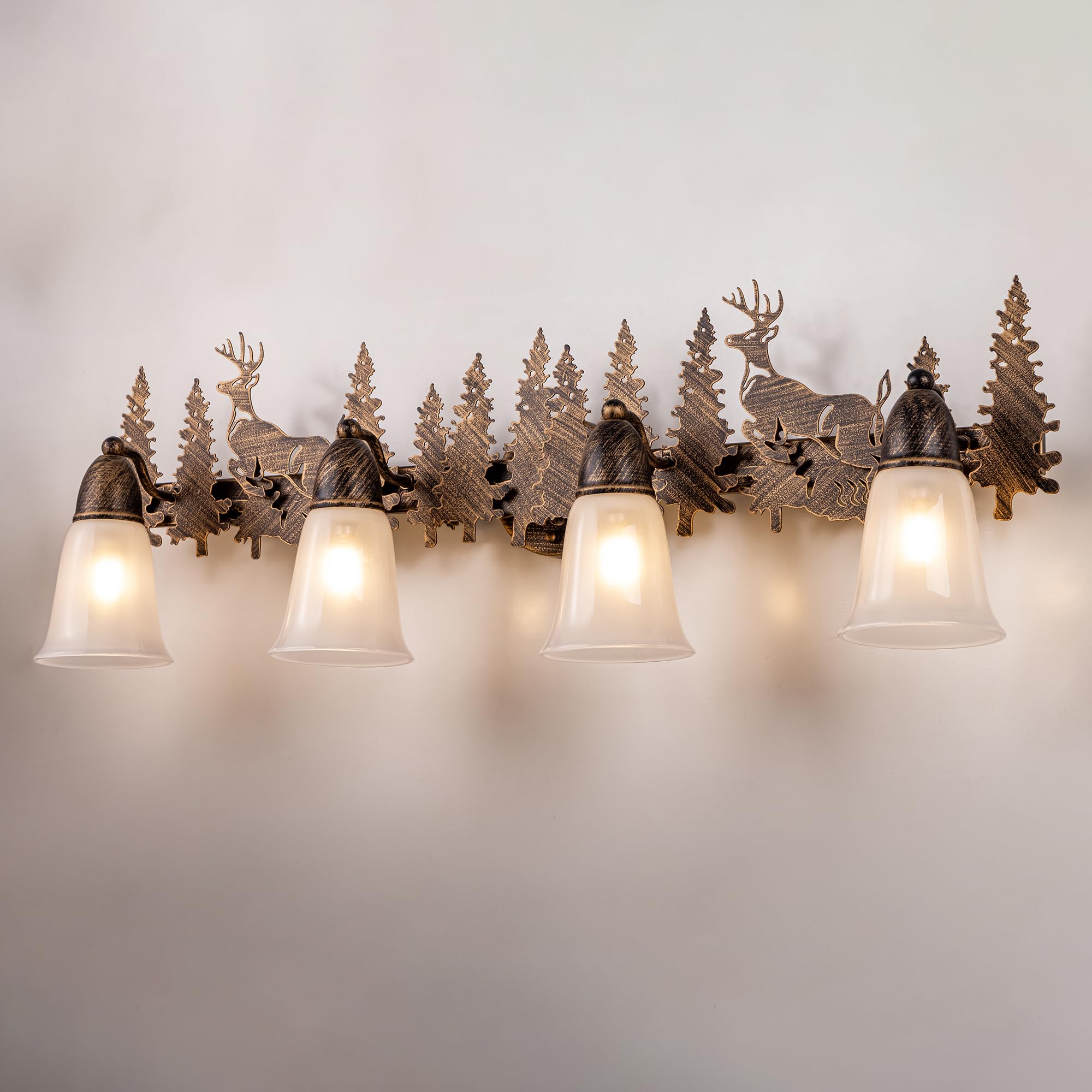TOCHIC Rustic Bathroom Light Fixtures Over Mirror, 4 Lights Farmhouse Log Cabin Vanity Lights for Bathroom, Western Deer Sconces