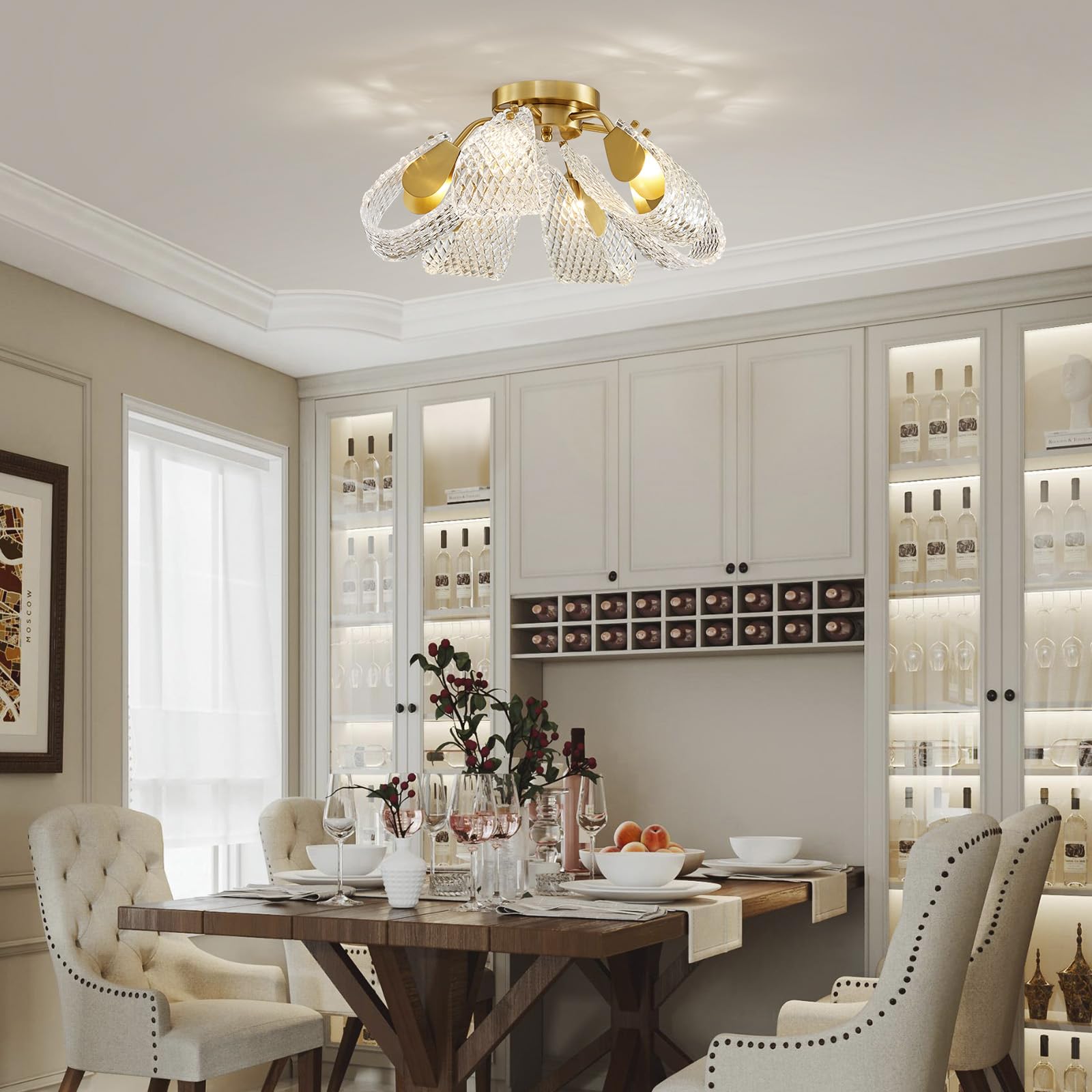 Agv Lighting Cl060 Glass Chandelier, Flushmount Ceiling Light Fixture For Living Room, Close To Ceiling Modern Design, 6-Lights,