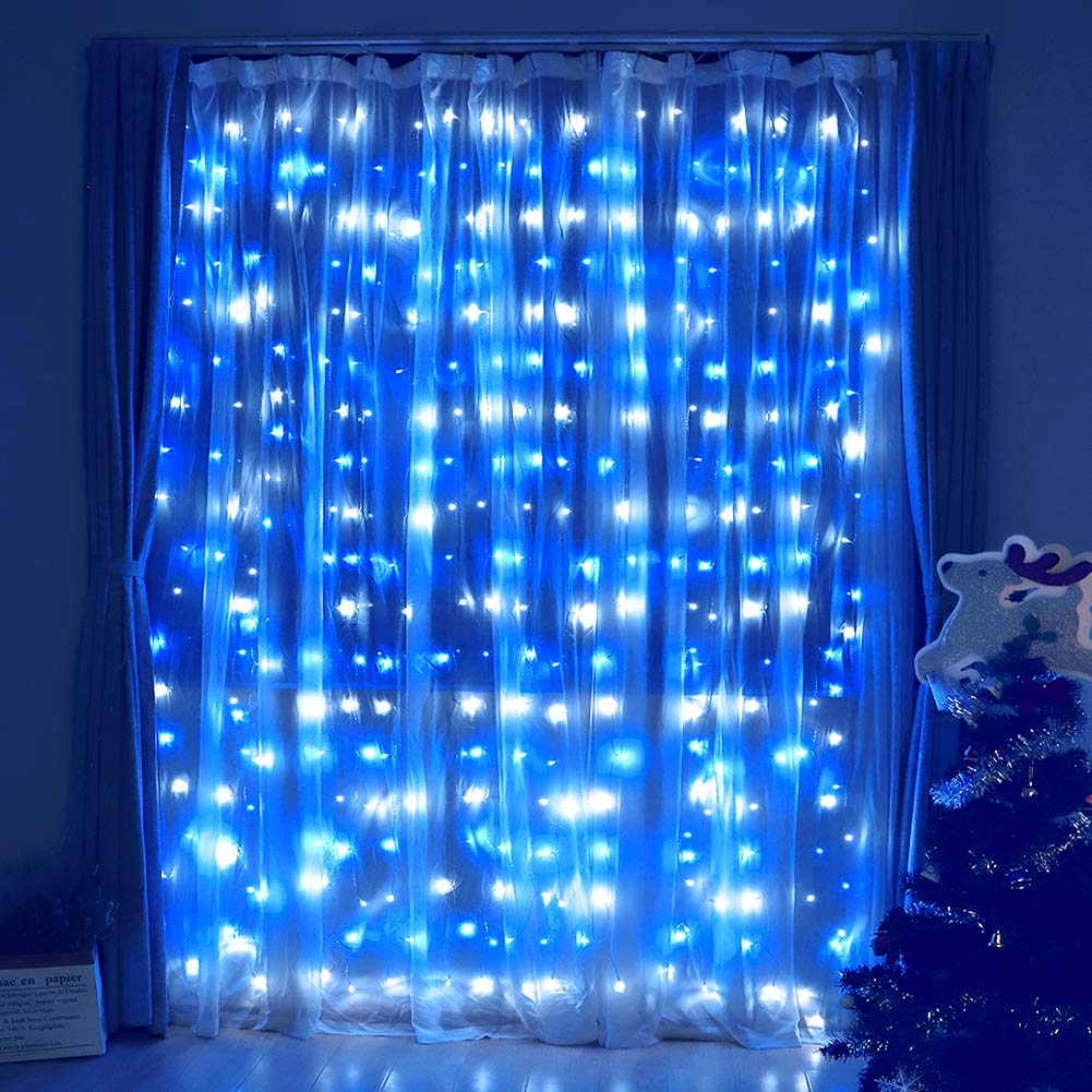 HEYFUNi Curtain Lights, 304LED, 9.8ft x 9.8ft, 30V, 8 Modes, Blue+White, Indoor/Outdoor Decorations