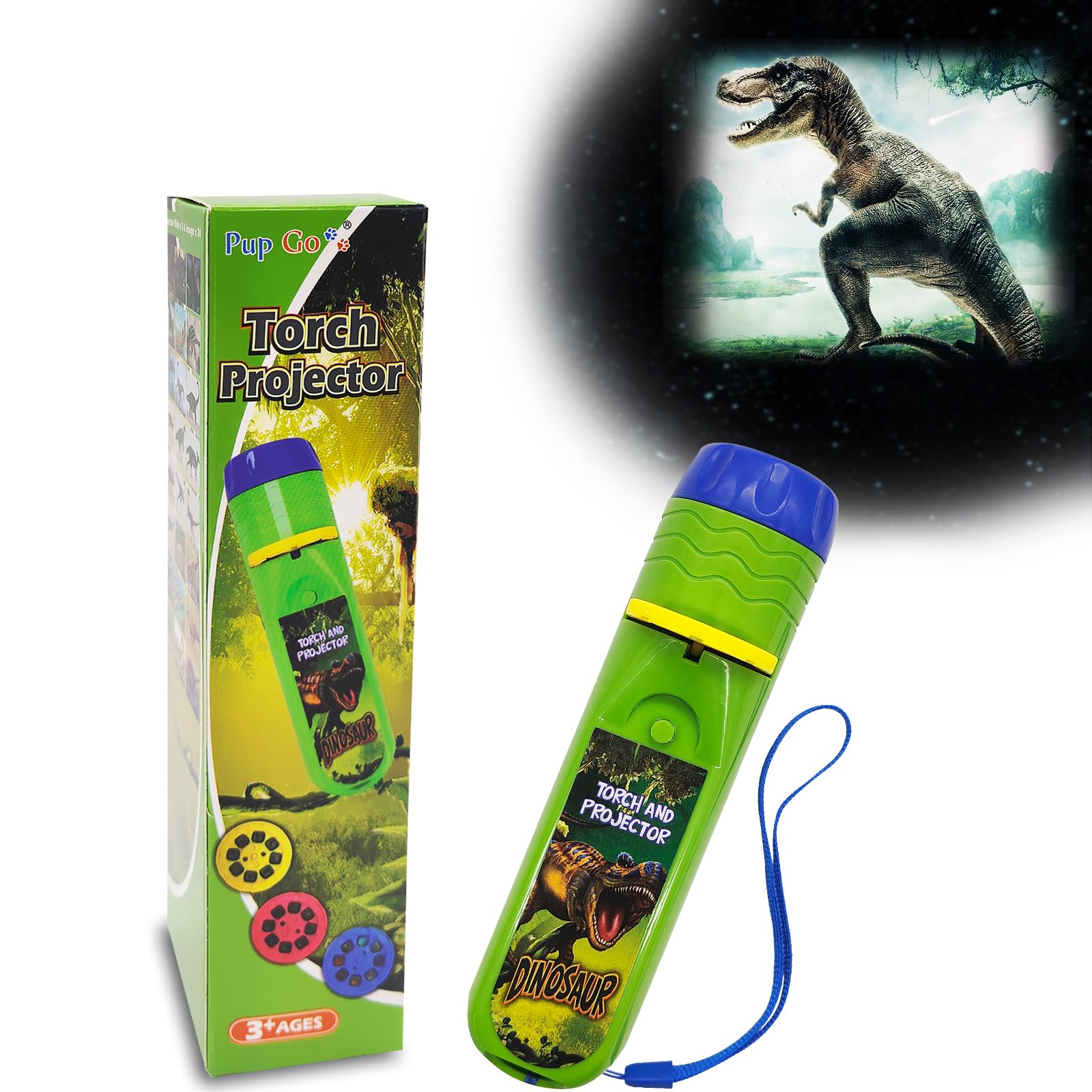 Pup Go Dinosaur Kids Flashlight Projector Torch with 3 Discs 24 Images, Cool Flashlight Projector Light for Toddlers, Dinosaur Toy for Kids Age 3-7 Year Old Boys Girls
