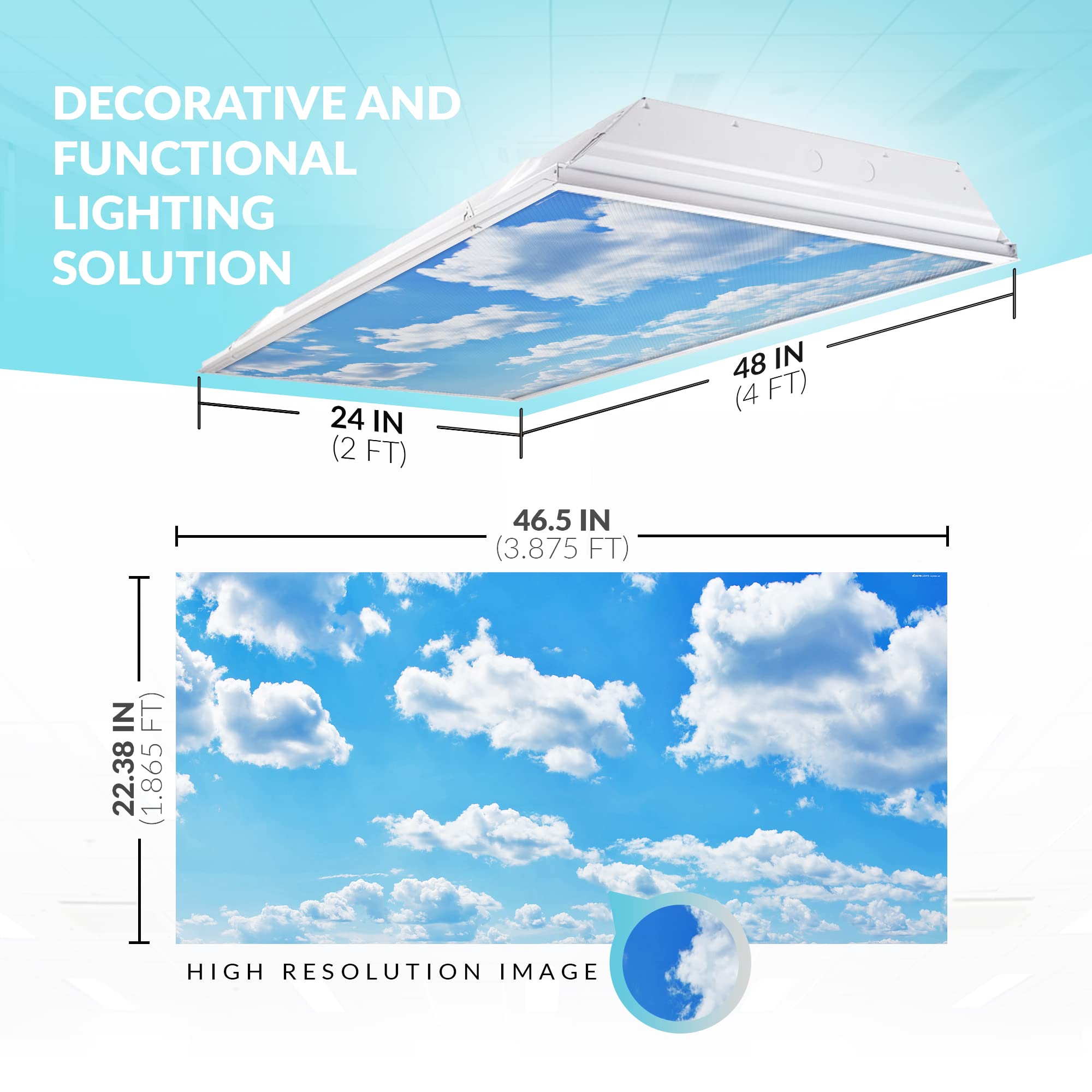 OCTO LIGHTS Fluorescent Light Covers - Backlit Film, 4pk, Cumulus Mediocris, Model CLD-001-2x4-4PK, Reduces
