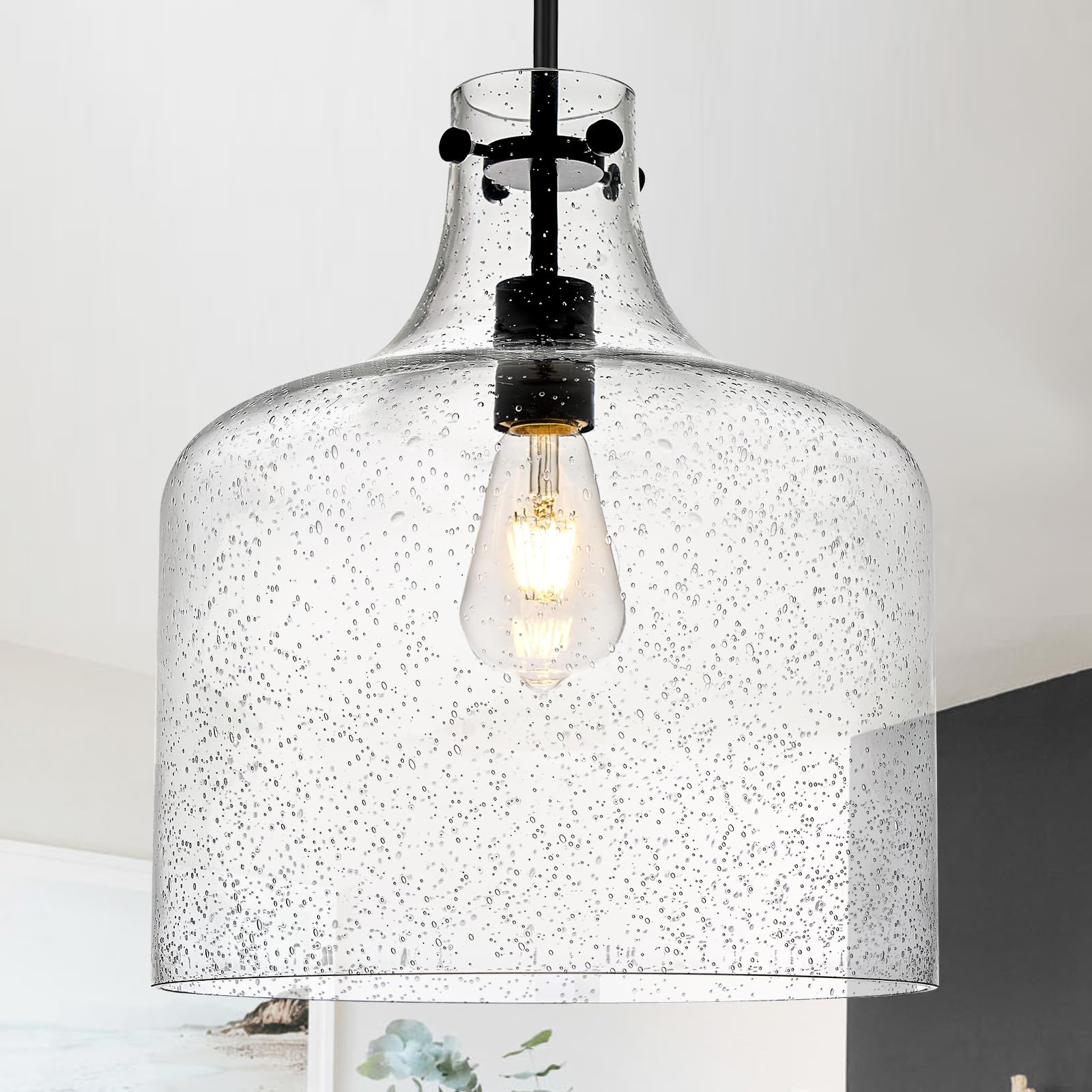 CATINER 12 Black Seeded Glass Pendant Light, Modern Farmhouse Hanging Ceiling Light Fixture for Kitchen Island, Dining Room, Hal