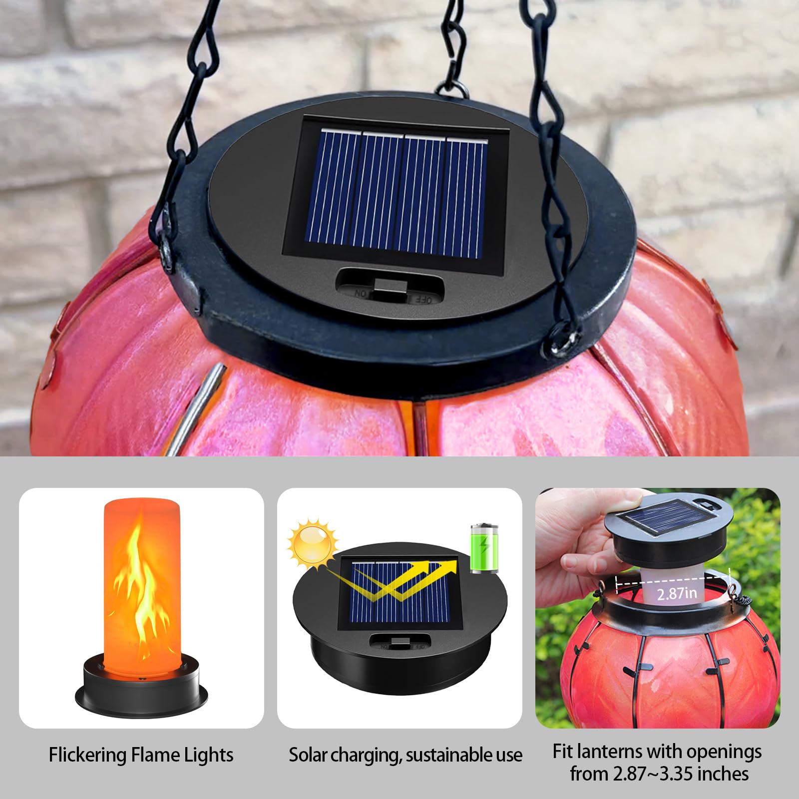 yulloyello 4 Pack Solar Light Replacement Tops, Waterproof Flickering Flame, Fits 2.87-3.35 Inch Openings, Black, Model DDHY-2