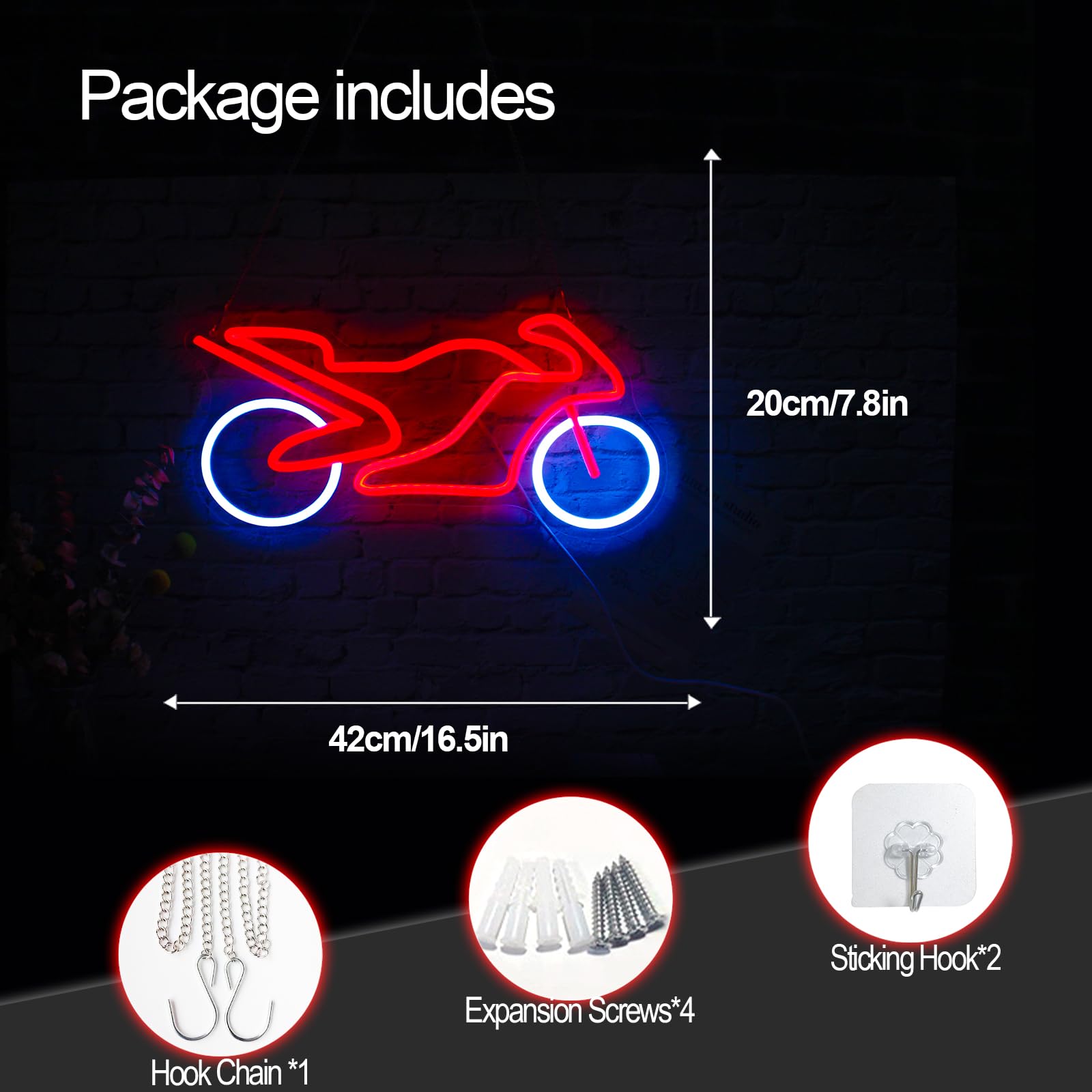 Jesalah Motorcycle Neon Sign Dimmable USB Light 20cm x 42cm Red White Model CX-motorcycle