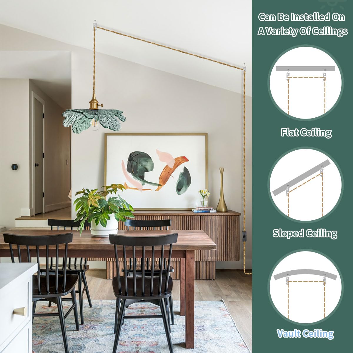 Auwieou Modern Brass Pendant Light with Dark Green Glass Shade, 14.75ft Plug-in Cord, Ideal for Kitchen and Dining Room