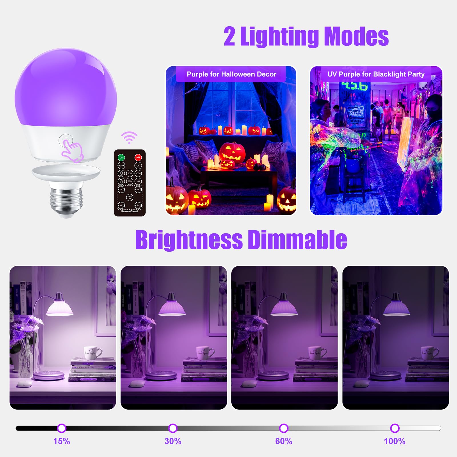 Brightown E26 Rechargeable UV Light Bulbs, 2 Pack - Purple, Remote & Timer, UVA 385-400nm for Parties, Halloween, and Glow Effects