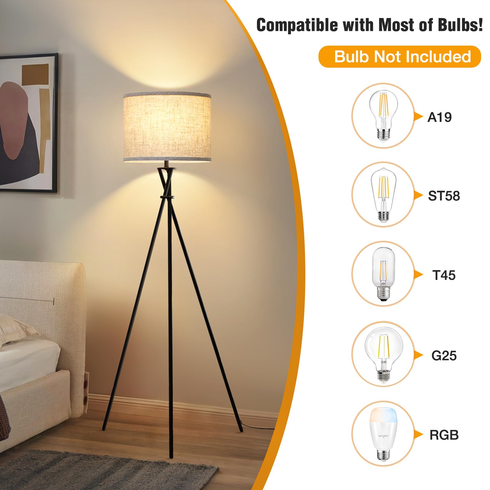 Luvkczc Tripod Floor Lamp, 61in Tall, Black Metal with Beige Shade, Model 1FL-054-03