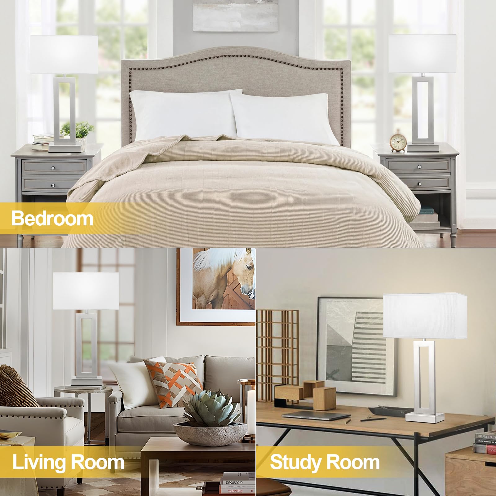 Seealle 22" Touch Dimmable Bedroom Lamps with USB C+A - Modern White & Silver Bedside Lighting for Nightstands