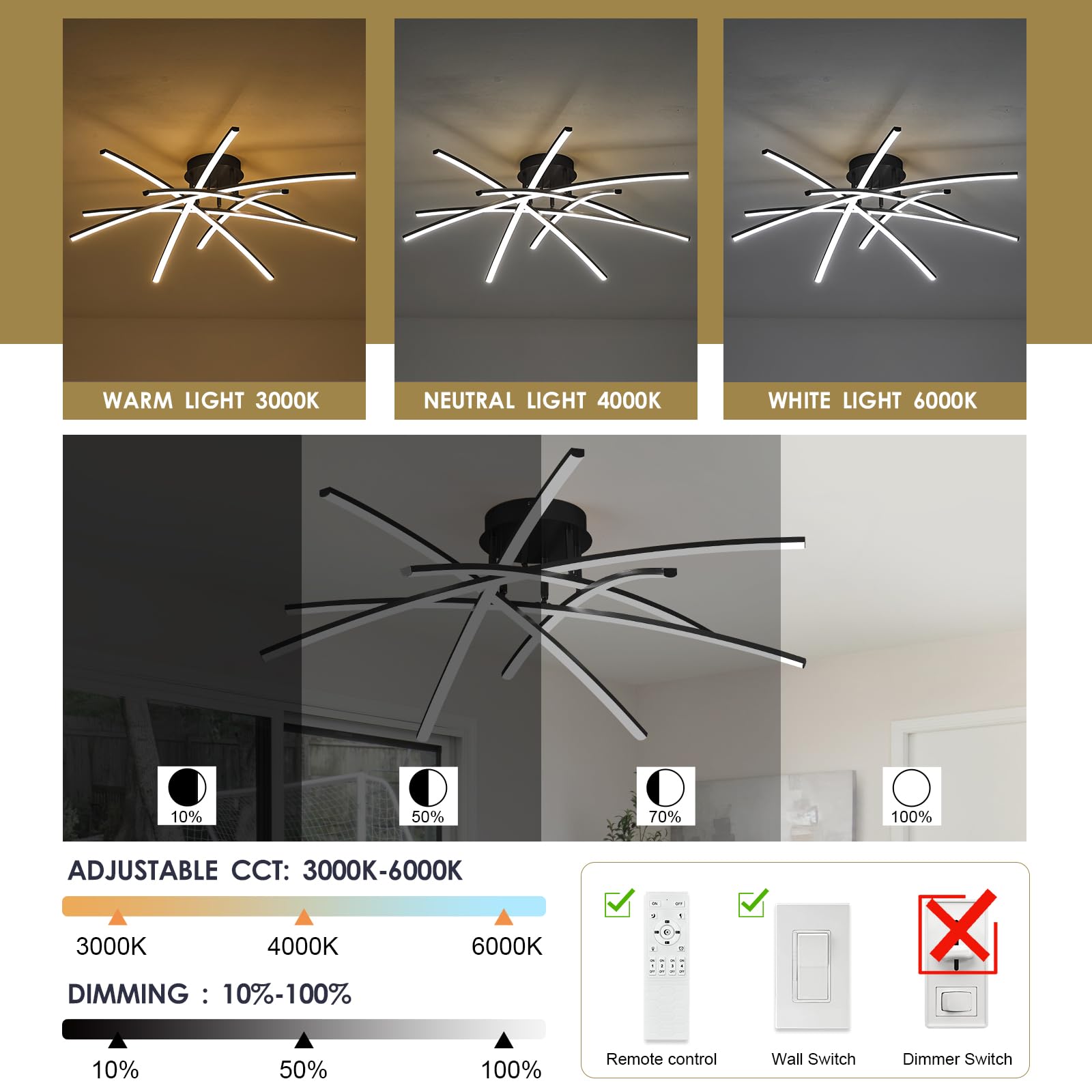 Airyphant Modern 32.8'' Led Chandelier Ceiling Light 6-Lights Black Dimmable Semi Flush Mount Ceiling Light Fixtures With Remote