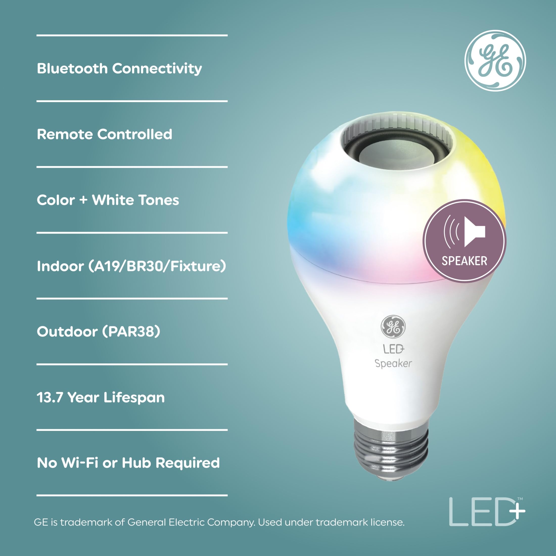 GE LED+ Color Changing Speaker Bulb, A21 Standard, Daylight + Multicolor, Model 93129724, Plastic Material, Remote Included