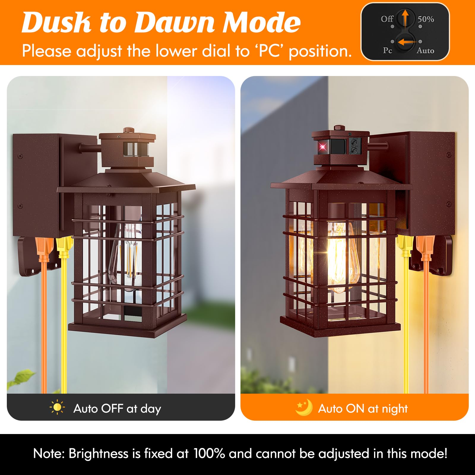 Kondras 2-Pack Brown Motion Sensor Outdoor Wall Light Fixture, 11.4" Waterproof Aluminum Lantern, Model 0815, 3 Lighting Modes