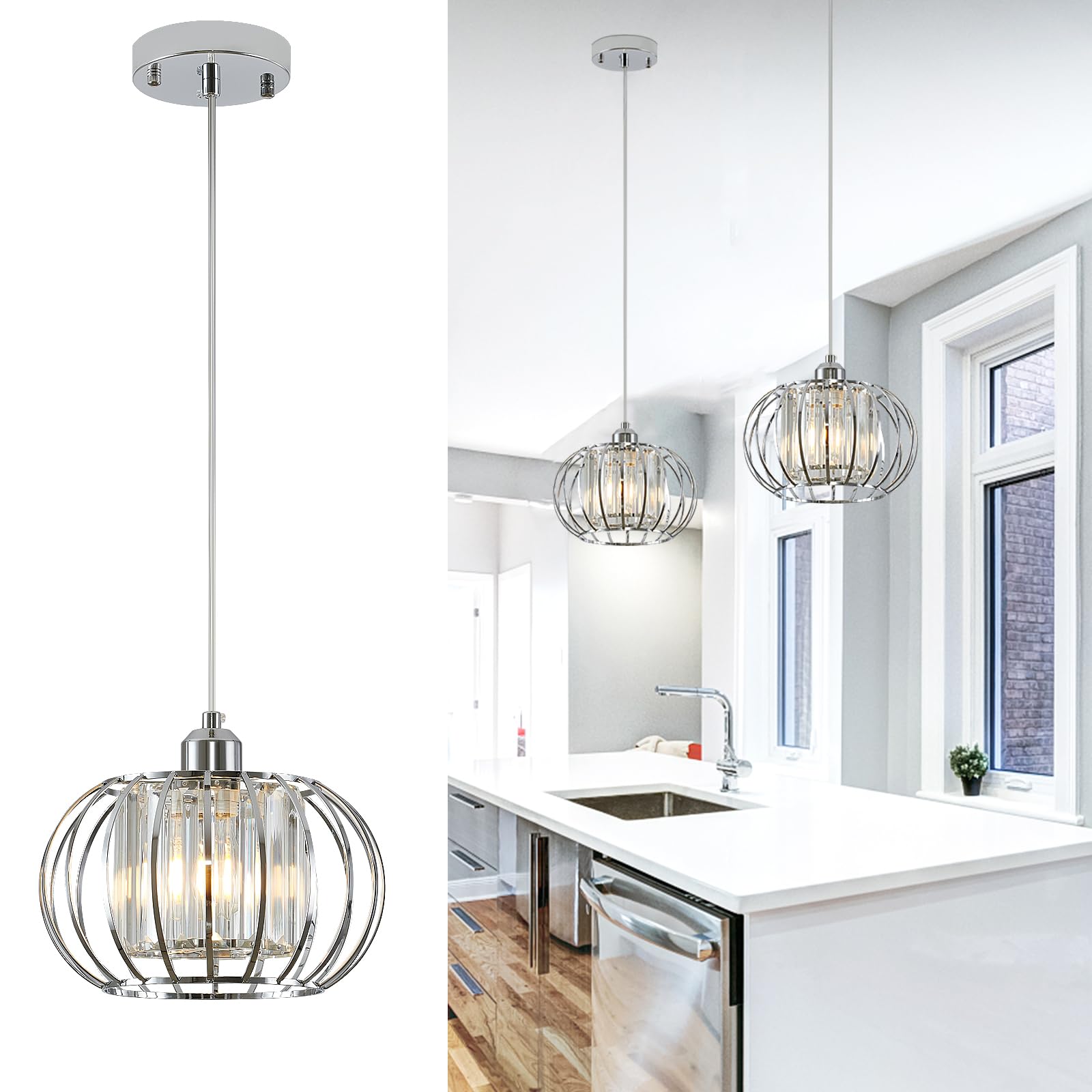 Xsdetu Modern Chrome Pendant Light Fixtures, Mini Crystal Hanging Light Chandelier, Metal Kitchen Island Lighting, Adjustable Pendant Lighting For Kitchen Island, Dining Room, Bedroom, Hallway