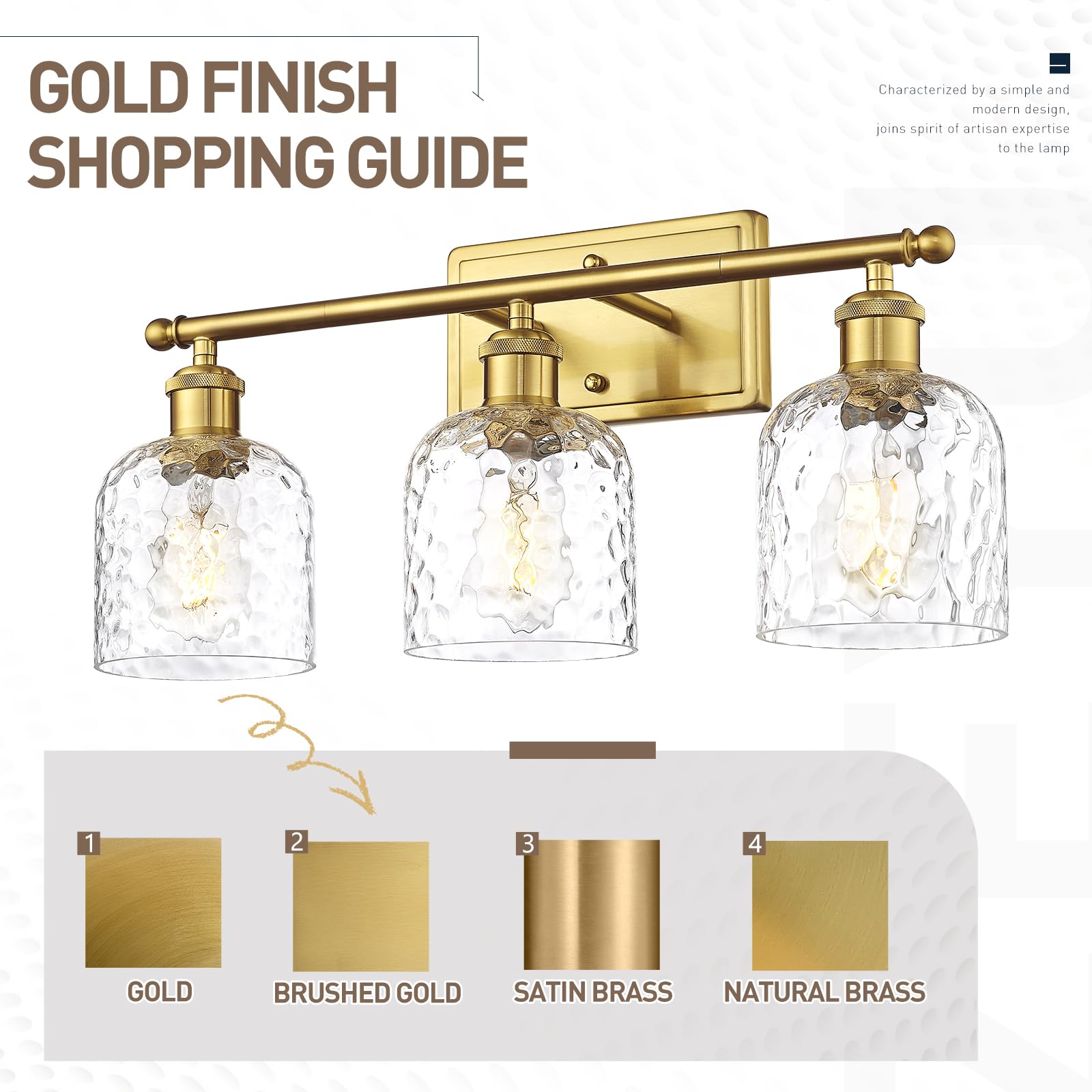 Zeyu 21 Inch Bathroom Wall Sconce, 3 Light Sconces Wall Lighting Over Mirror, Brushed Gold Finish With Clear Hammered Glass, Zjf