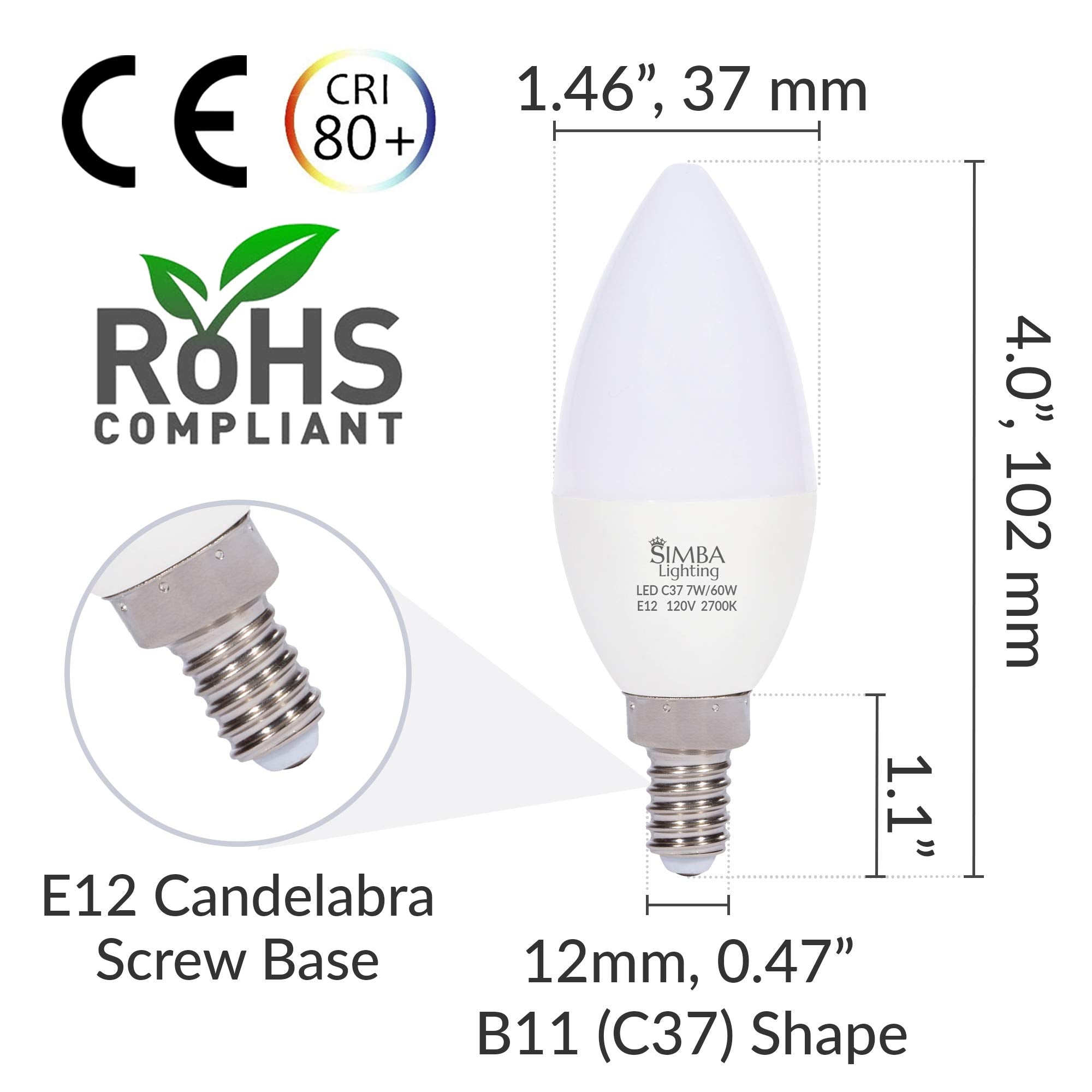 Simba Lighting LED Candelabra Bulbs B11 E12 Base 7W 60W Replacement 6 Pack Warm White 2700K