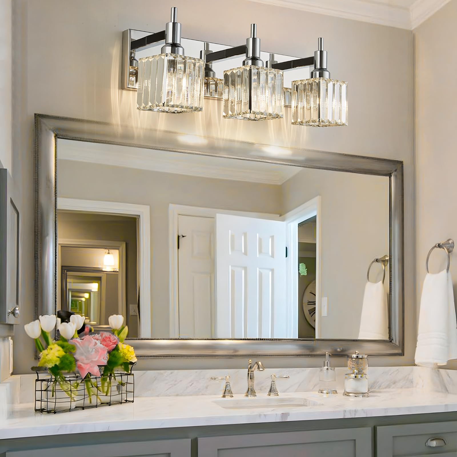 HUOKU Modern Crystal Bathroom Vanity Light 3-Light Wall Sconce Chrome Metal Square Shade