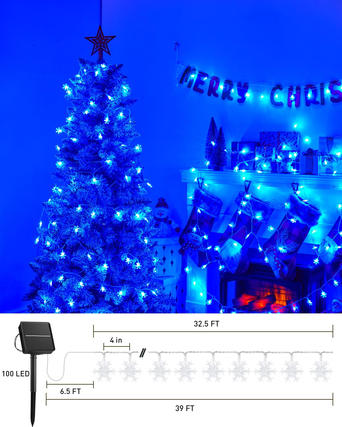 Brightown Solar Snowflake String Lights - 100 LED, 39 FT, Waterproof, 8 Modes, Blue for Outdoor, Garden, Party Decor
