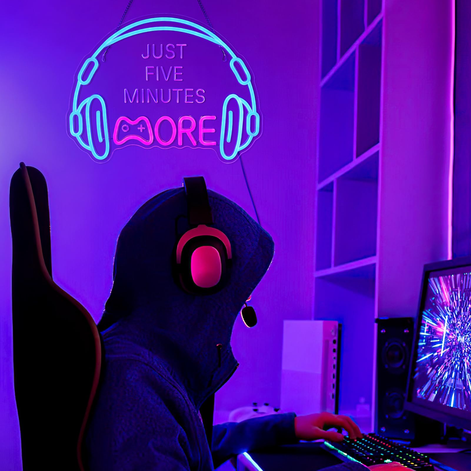 ReyeeInc Gaming Neon Sign, Dimmable LED Headset Light, Acrylic, Blue and Pink, Perfect for Game Room Decor