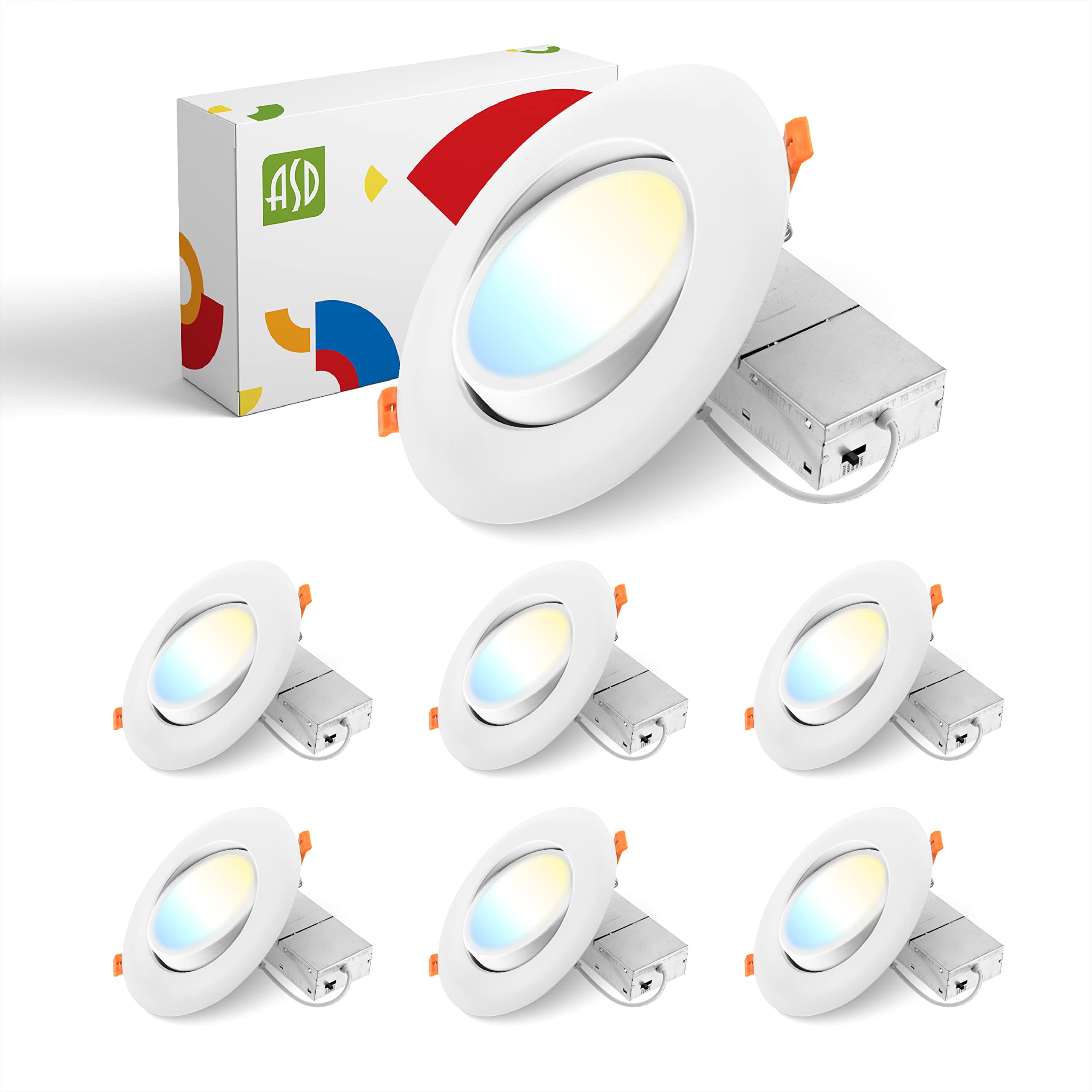 ASD 6 Inch Gimbal LED Recessed Light with Junction Box, 15W 1232Lm, 2700K/3000K/3500K/4000K/5000K Adjustable Directional Lightin