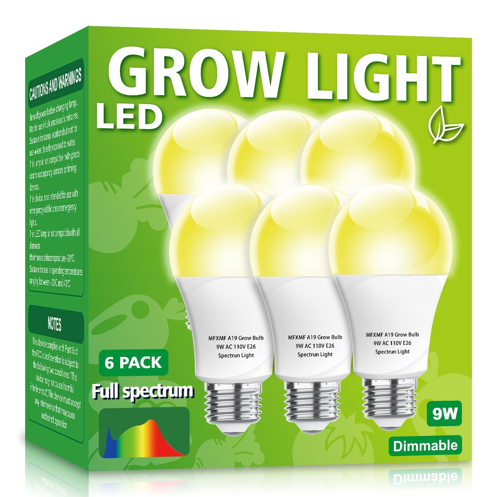 mfxmf 6 Pack LED Grow Light Bulb, Full Spectrum 9W E26, Replaces up to 100W, Indoor Plants, Hydroponic