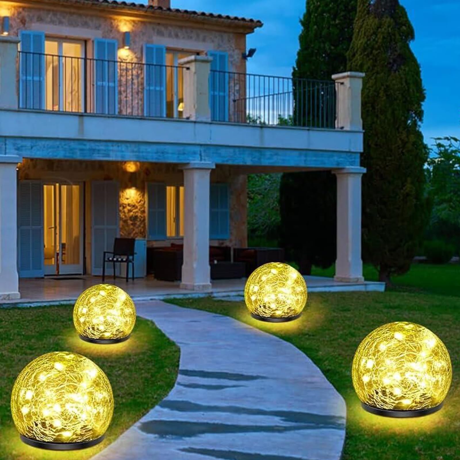 Keevvon Solar Garden Lights, 4 Pack 120 LED Warm White Cracked Glass Solar Outdoor Lights Decorative, Upgraded Waterproof Ball Lights for Yard Pathway Patio Lawn Christmas Outside Decor, 3.94&quot;