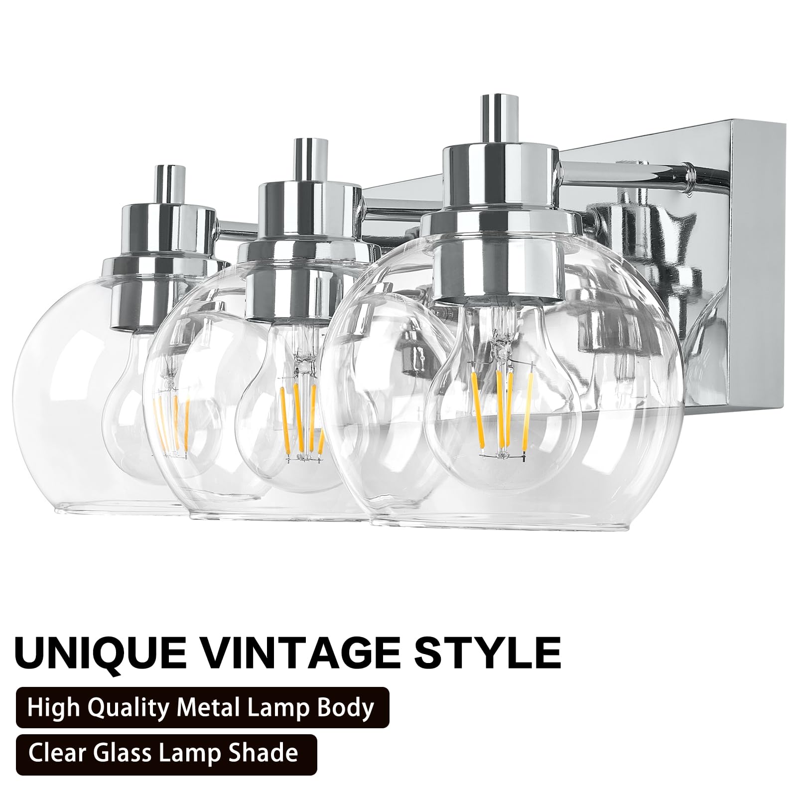 Tuscarora Bathroom Light Fixtures, Chrome Vanity Light 3 Light Bathroom Vanity Light With Clear Glass Shade,Bathroom Light Over Mirror,Bathroom Lighting Fixtures For Mirror