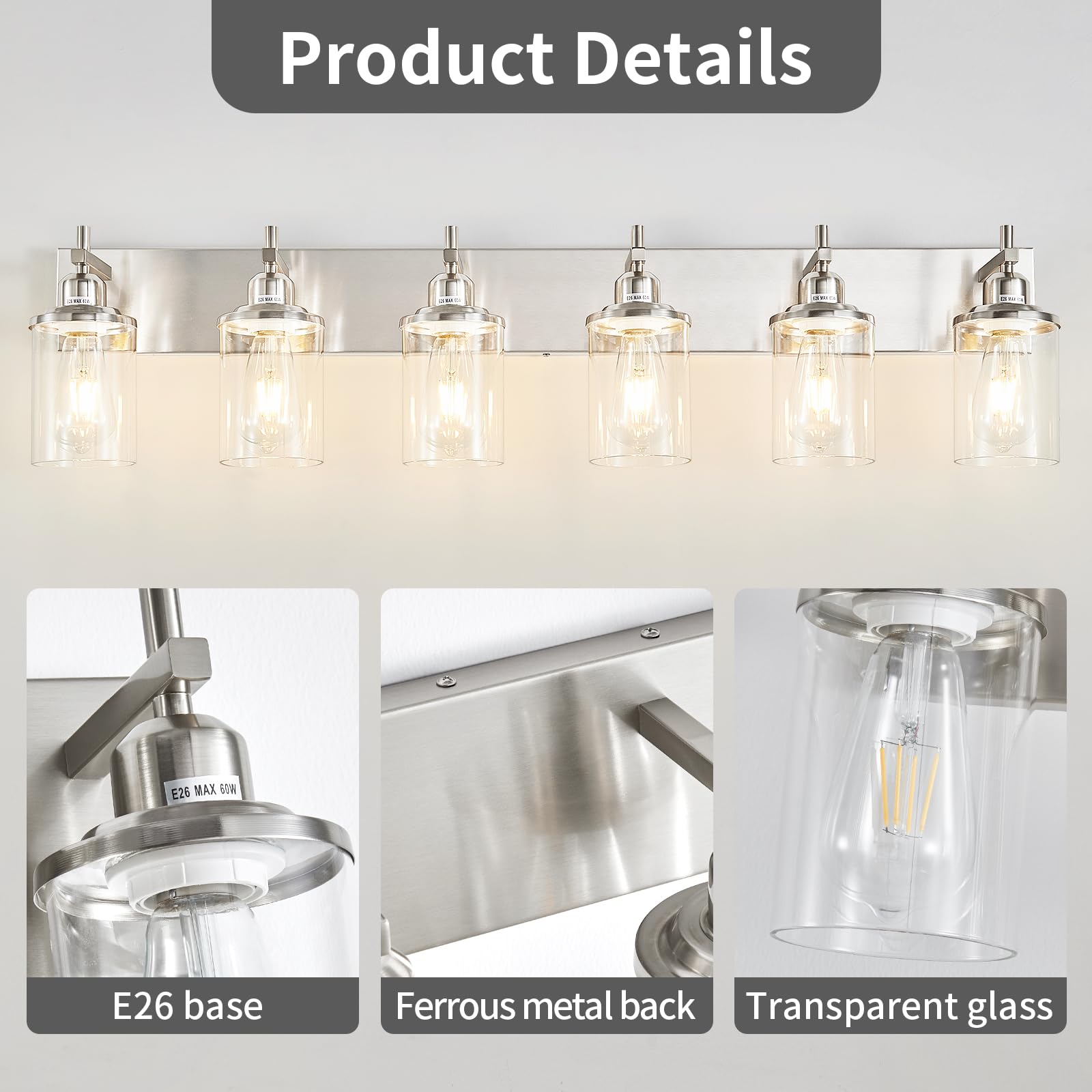 Lanhall 6-Light Brushed Nickel Bathroom Light Fixture Over Mirror Modern Bathroom Vanity Light Vintage Wall Lighting With Clear