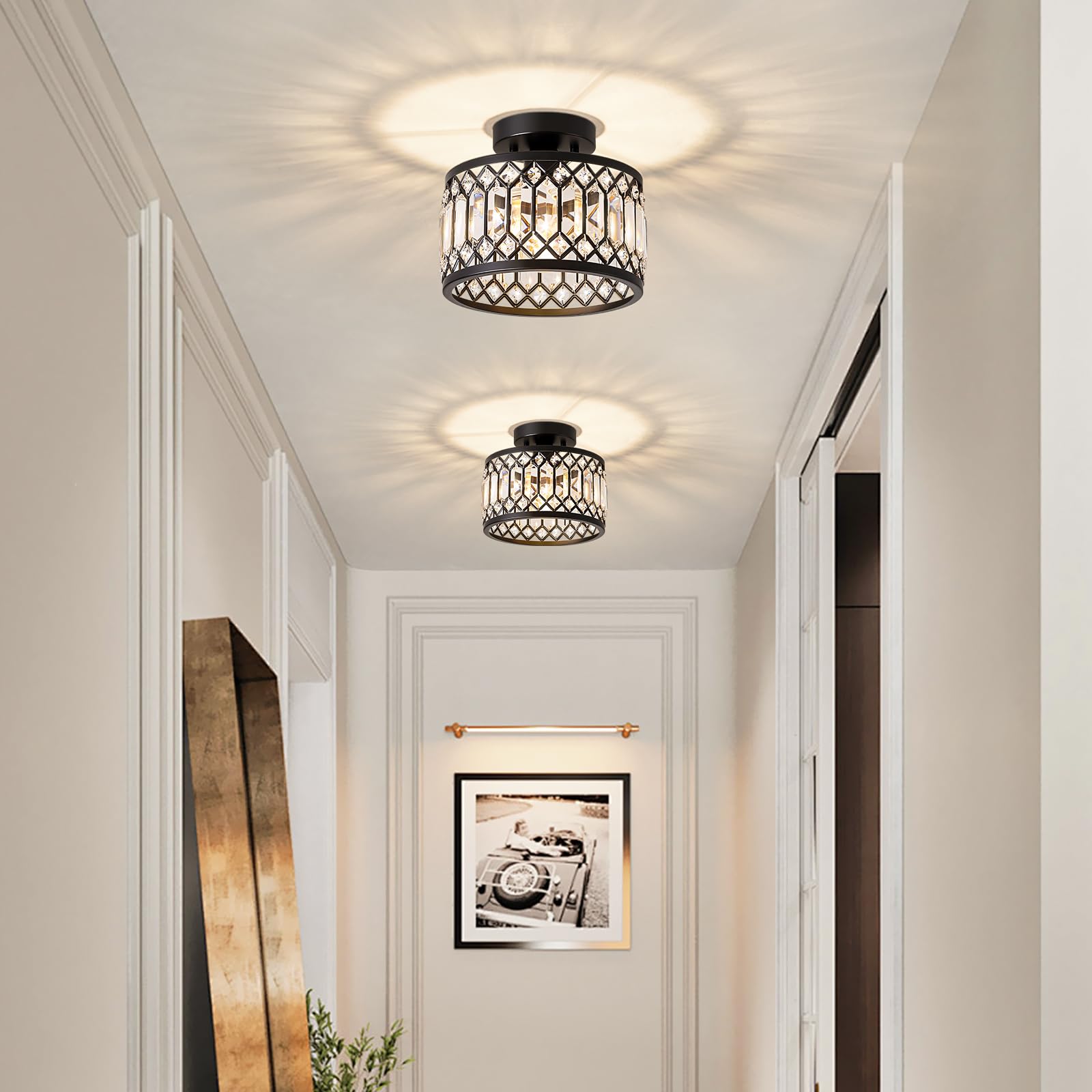 Yurnyq Crystal Ceiling Light Fixture, Modern Semi Flush Mount Ceiling Light, Black Lighting Fixtures Ceiling Lamp For Hallway, K