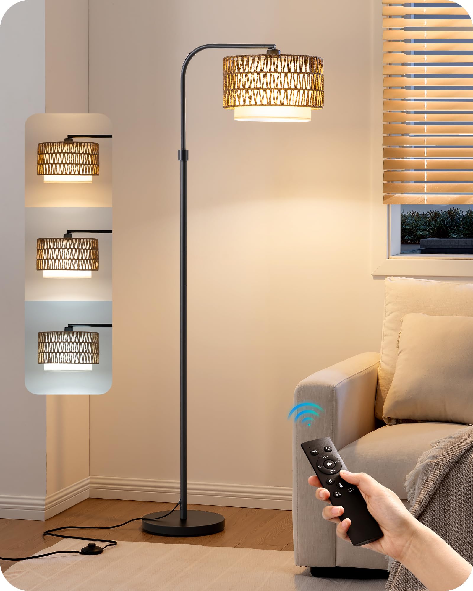 EDISHINE Arc Floor Lamp for Living Room, Modern Standing Lamp with Adjustable Drum Shade, Gold Reading Lamp Corner Light with Fo