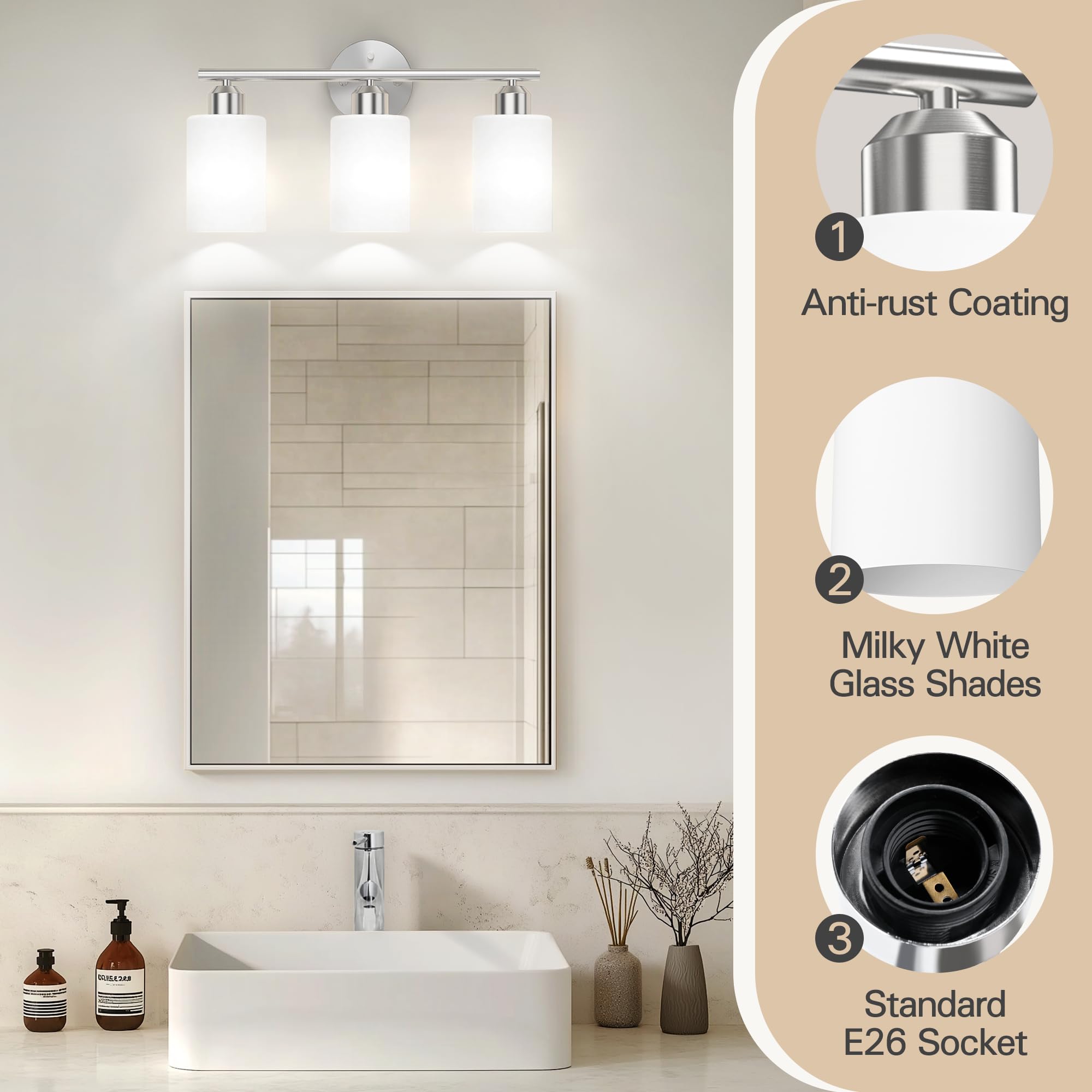Espird Bathroom Vanity Light Fixture, 3 Lights, Brushed Nickel, Model L01-3-NL-W, Milky White Glass Shades