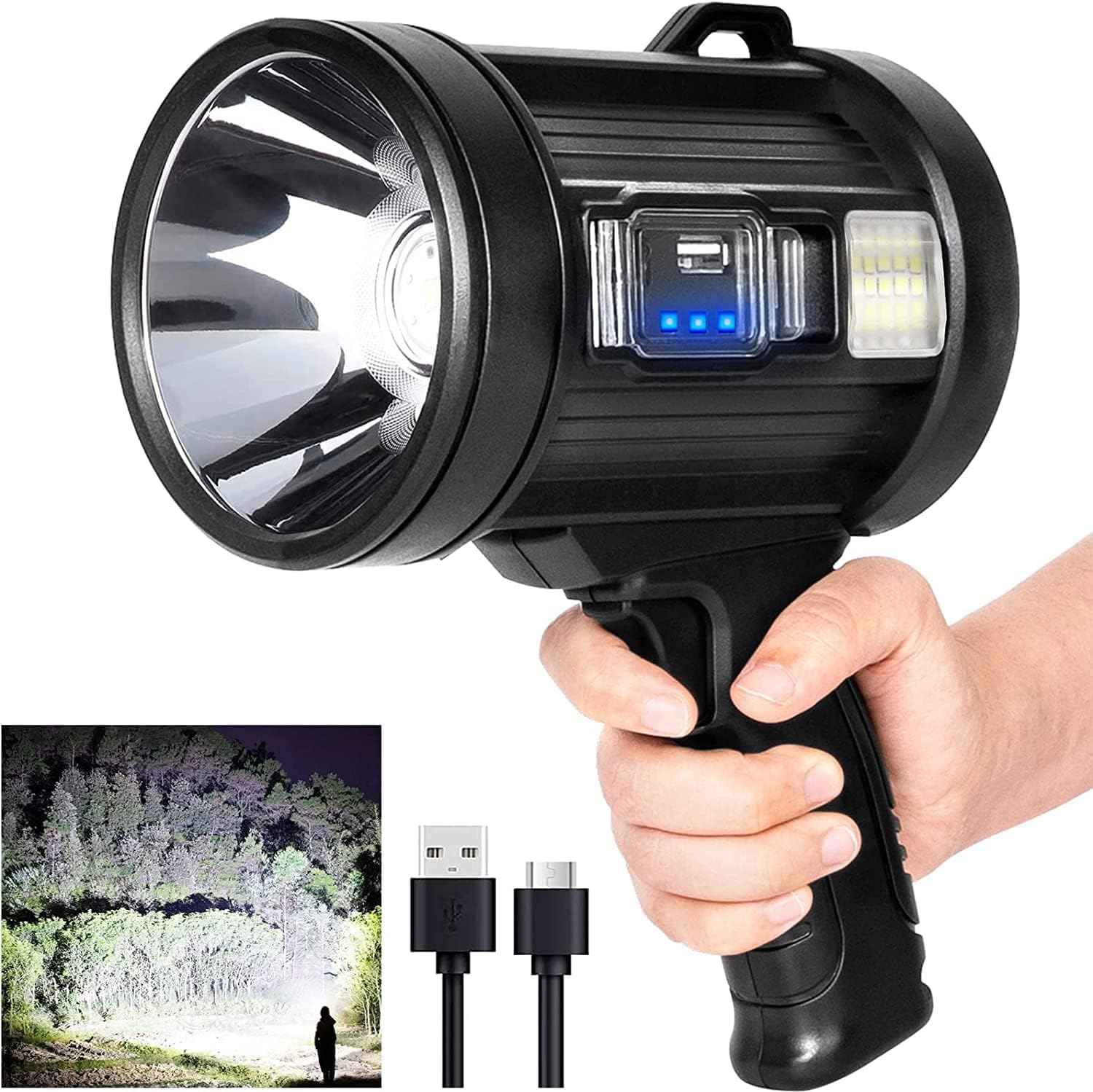 MIXILIN Rechargeable Spotlight, 150000 Lumens, Handheld LED Flashlight, Black, Model W-5113, Lightweight for Hunting and Camping