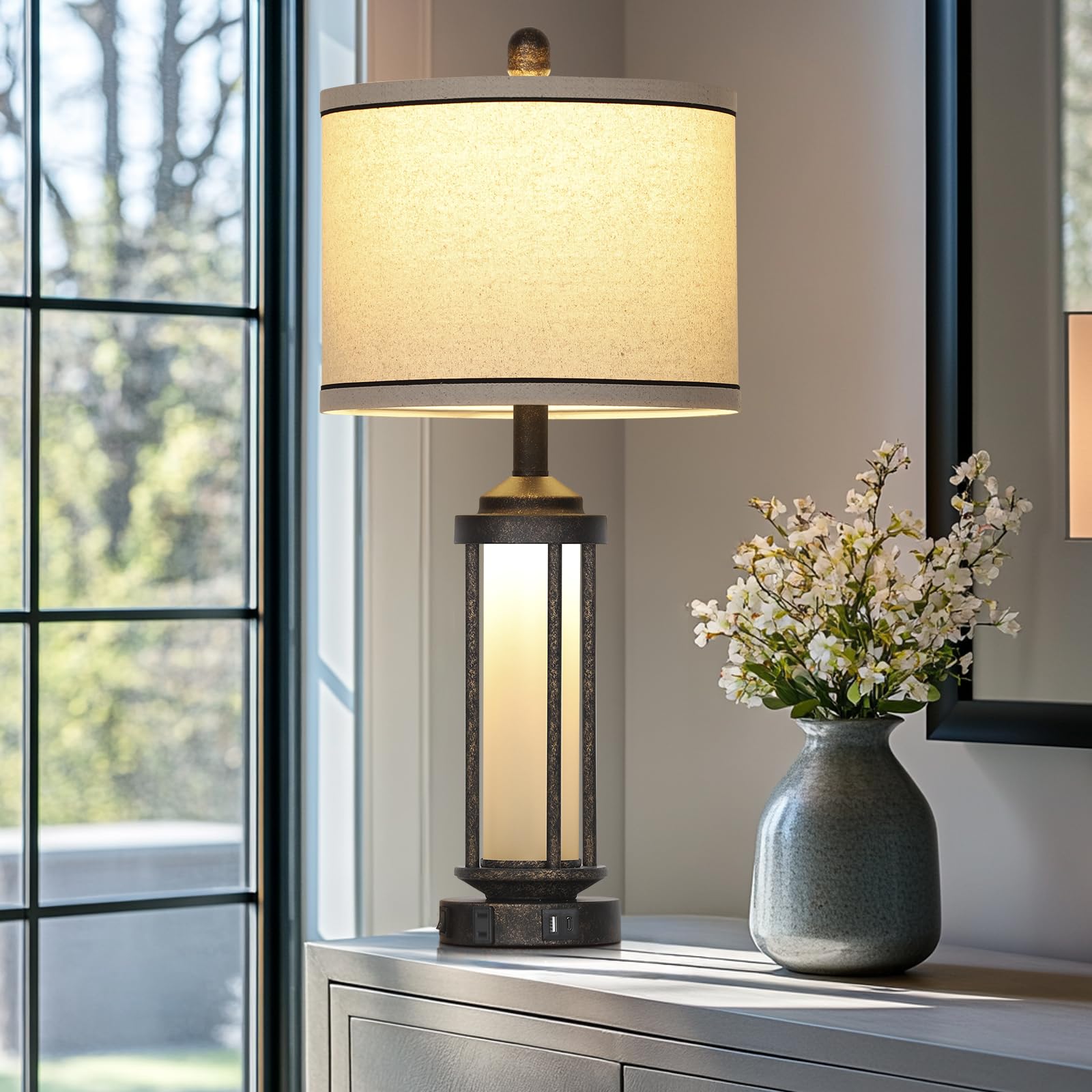 Lolikit 27'' Industrial Farmhouse Table Lamp, Vintage Rustic Beside Lamp With Usb A+C Charging Ports & Ac Outlet, Modern Single