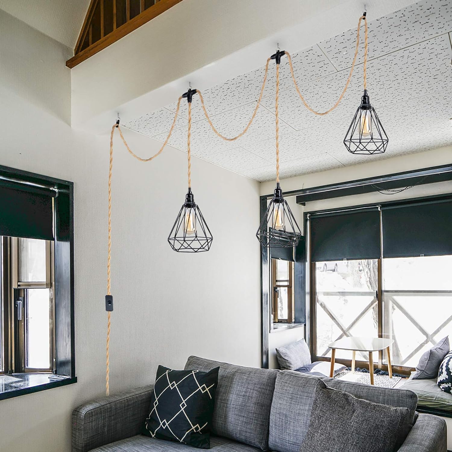 Yiliaw 27FT 3-Light Plug-in Pendant Light with Hemp Rope, Industrial Style Hanging Lamp for Farmhouse Bedroom Living Room Decor