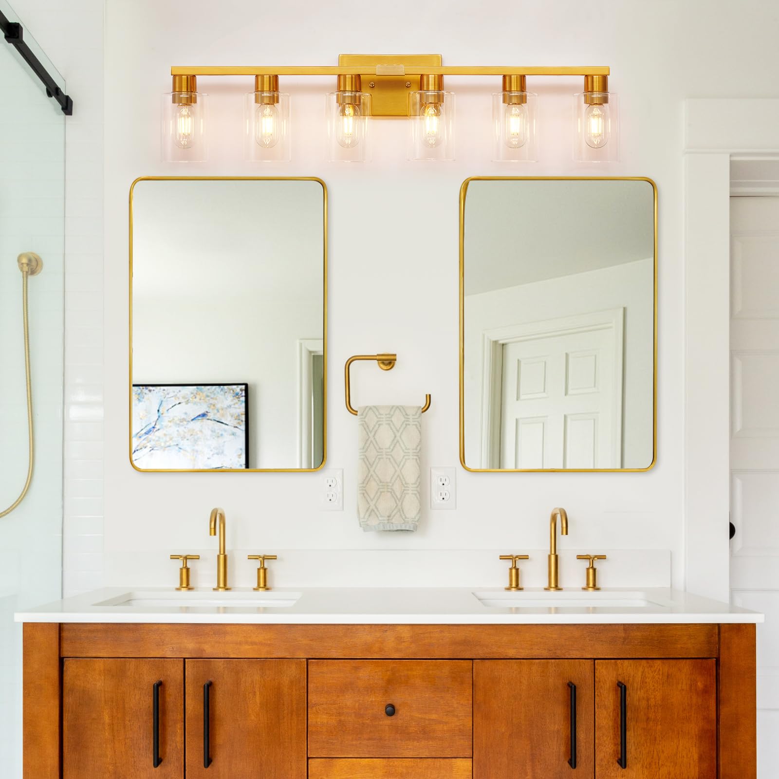 Hdasic 6 Light Bathroom Light Fixtures  Large Gold Bathroom Vanity Light With Clear Glass Shade  Brushed Brass Gold Bathroom Lighting Fixtures Over Mirror  Modern Wall Scones For Bedroom Living Room