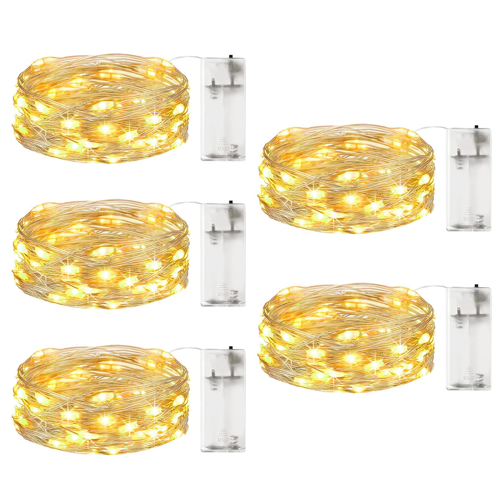 litogo 5 Pack Fairy Lights, 7FT 20LED Battery Operated, Waterproof Silver Wire, Warm White, Model L20-5T