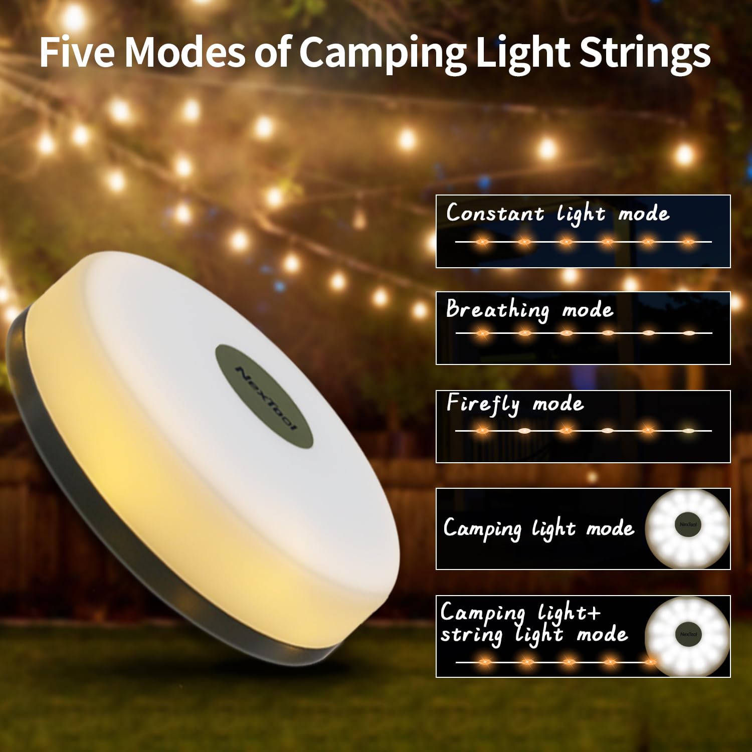 Hiromeco Outdoor Camping Lights String, 32.8ft Warm Waterproof USB, 5 Lighting Modes, Durable Plastic - Model Hir001