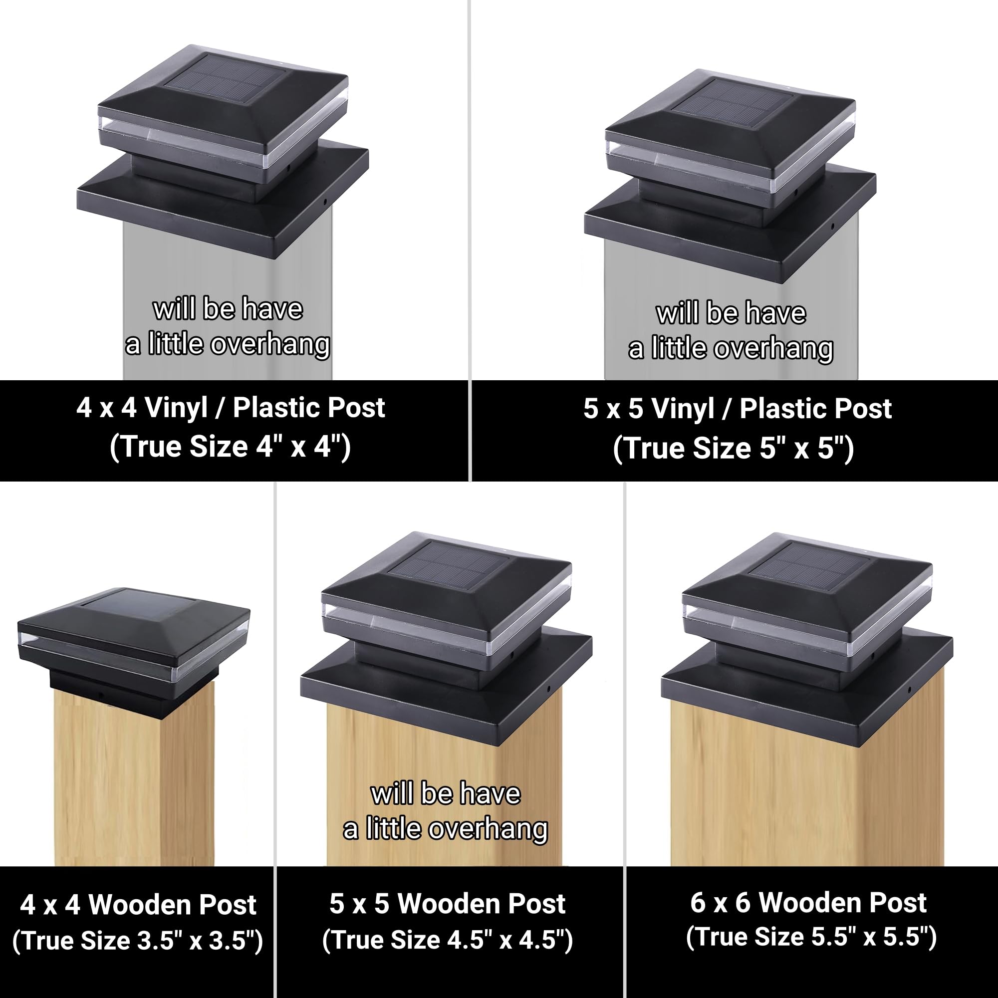 Dynaming 6 Pack Solar Post Lights, Outdoor Decorative Post Cap Light, Solar Powered Black Shell Caps, Brightnepatio, Fwhite Led